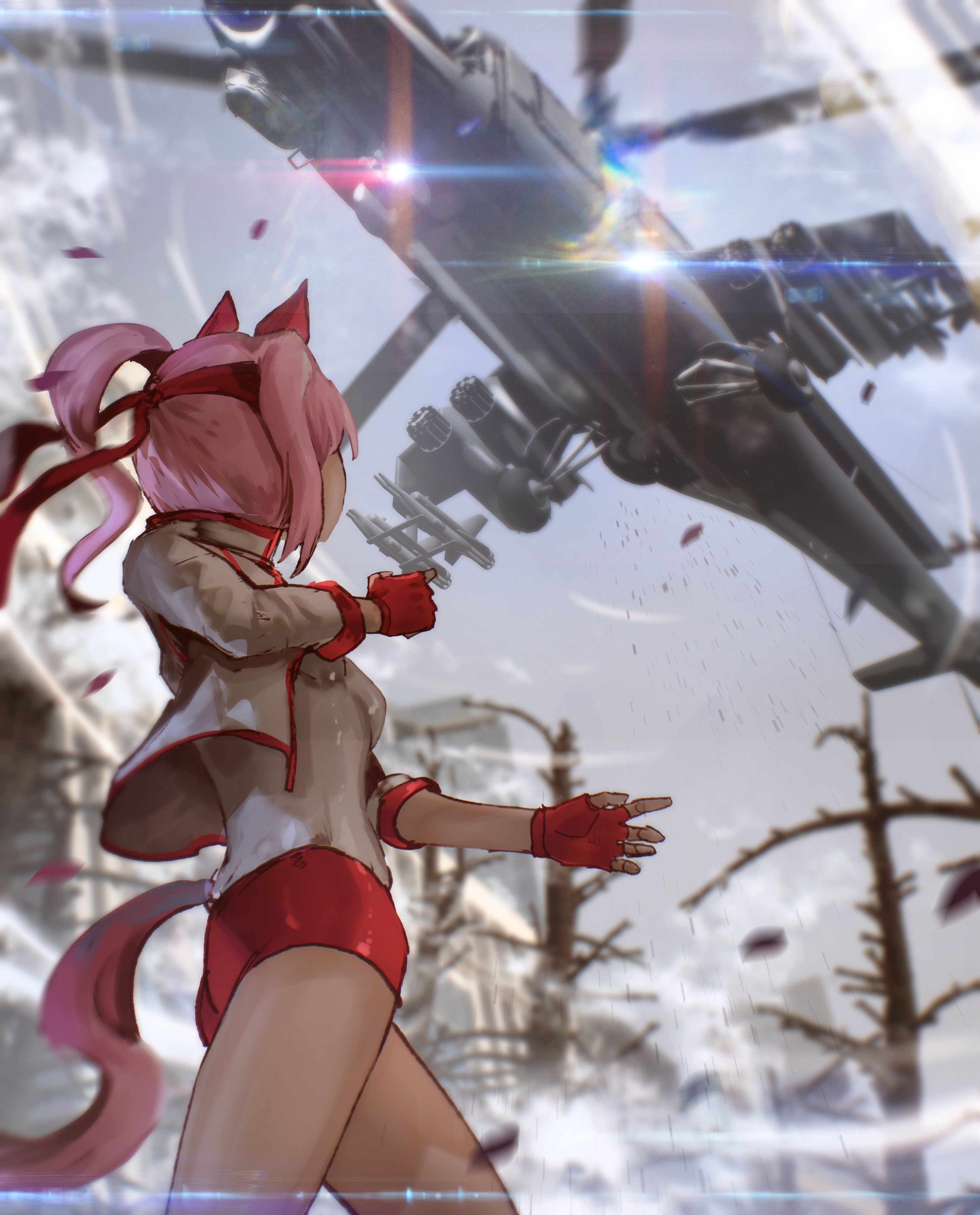 advarcher, haru urara (bestest prize) (umamusume), haru urara (umamusume), metal gear (series), metal gear solid, umamusume, absurdres, highres, 1girl, aircraft, animal ears, attack helicopter, building, buruma, ear covers, fingerless gloves, gloves, hairband, headband, helicopter, horse ears, horse girl, horse tail, jacket, long hair, military vehicle, outdoors, pink buruma, pink hair, pink headband, ponytail, red buruma, red gloves, shirt, sky, solo, tail, utility pole, white jacket, white shirt