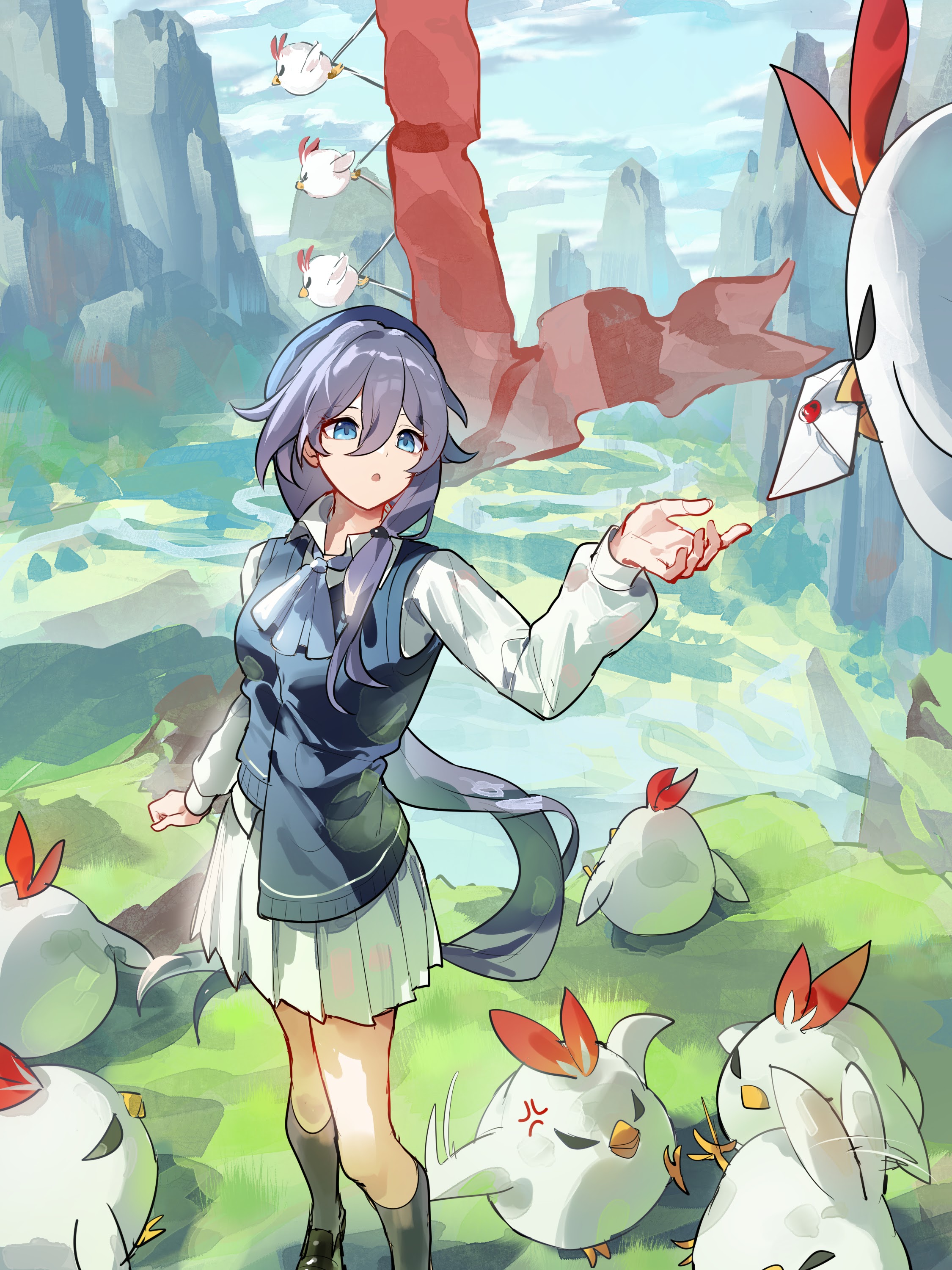 grape (grapedraws), fu hua, jingwei (bird), honkai (series), honkai impact 3rd, absurdres, commentary, english commentary, highres, official art, second-party source, 1girl, :o, anger vein, ascot, black shoes, black vest, blue ascot, blue eyes, collared shirt, grey hair, grey socks, guest art, letter, long hair, shirt, shoes, skirt, socks, very long hair, vest, white shirt, white skirt
