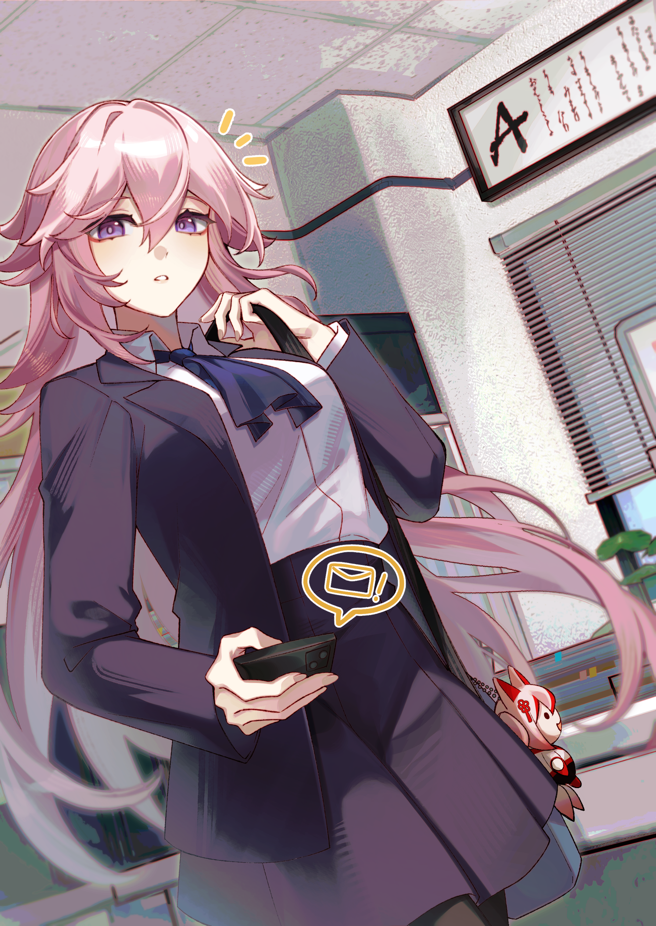 tana (tanabio), higokumaru, rin (honkai impact), yae sakura, honkai (series), honkai impact 3rd, absurdres, commentary, english commentary, highres, second-party source, 1girl, bag, blue coat, blue skirt, breasts, character charm, charm (object), coat, holding, holding phone, indoors, large breasts, long hair, looking at viewer, pantyhose, phone, purple eyes, shirt, shoulder bag, skirt, solo, very long hair, white shirt