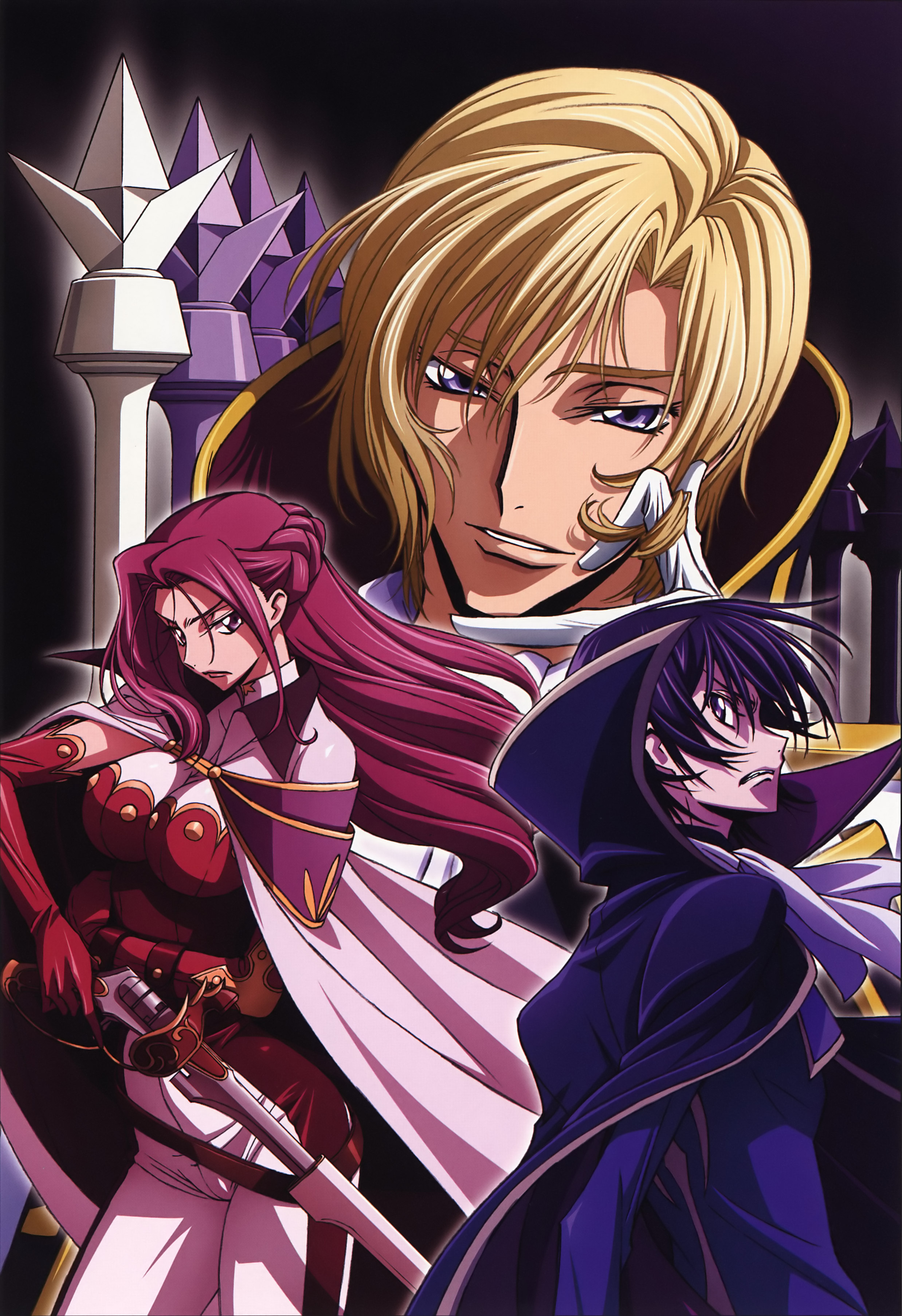 kimura takahiro, cornelia li britannia, lelouch vi britannia, schneizel el britannia, zero (code geass), code geass, absurdres, highres, official art, 00s, 1girl, 2boys, board game, breasts, cape, chess, elbow gloves, gloves, gun, handgun, large breasts, long hair, multiple boys, purple eyes, purple hair, revolver, siblings, sword, weapon