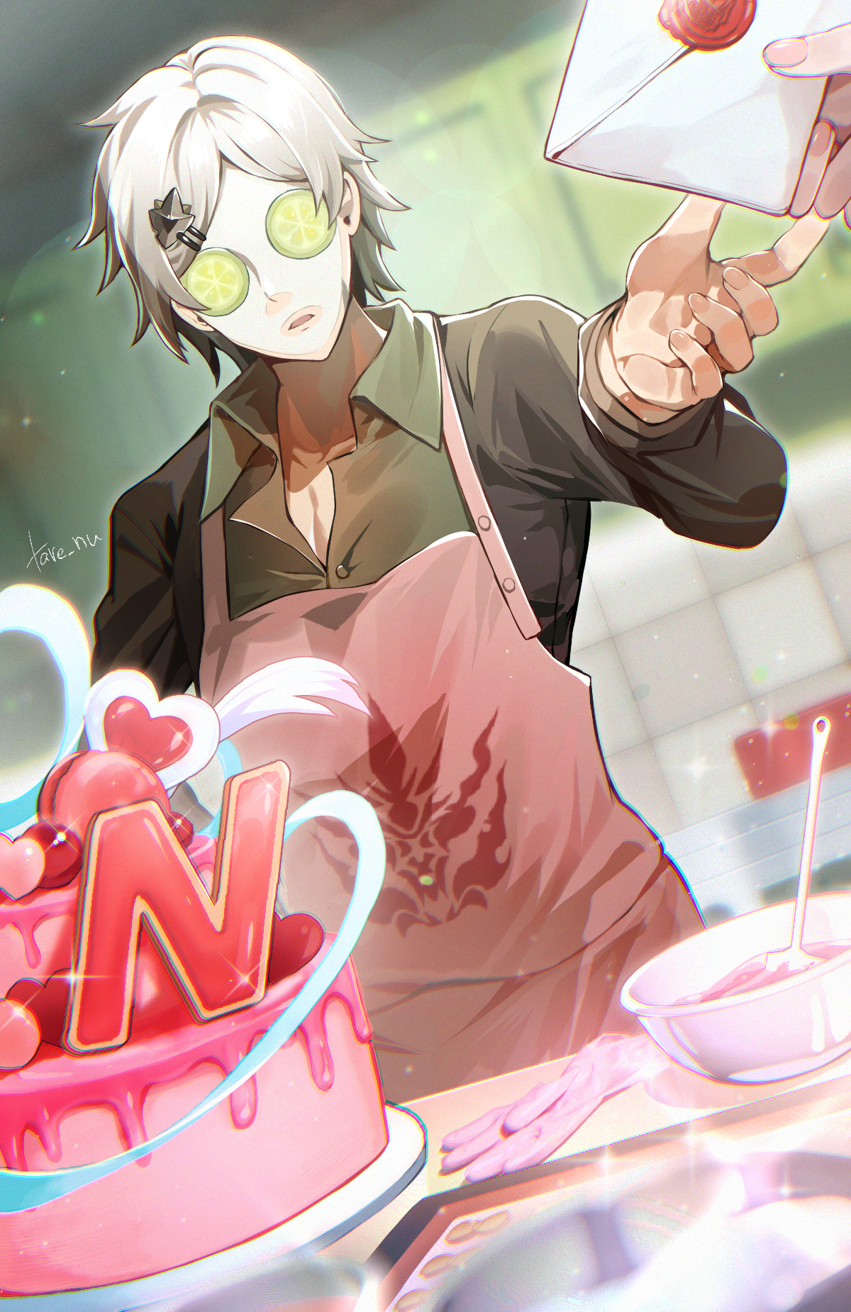 tare (tonikaku magaru), kalpas (honkai impact), honkai (series), honkai impact 3rd, commentary, english commentary, highres, second-party source, 1boy, 1other, apron, artist name, black shirt, cake, food, grey hair, holding, holding letter, indoors, kitchen, letter, male focus, mixing bowl, pink apron, shirt, short hair, signet of decimation, solo, spatula
