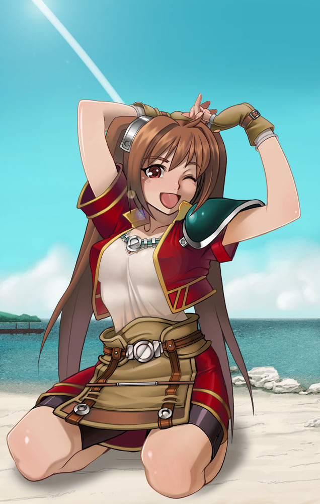 ryuntack, estelle bright, eiyuu densetsu, falcom, sora no kiseki, bad id, bad pixiv id, 1girl, beach, belt, bike shorts, brown hair, coat, day, female focus, fingerless gloves, gloves, kneeling, one eye closed, open mouth, red eyes, solo, twintails, wink