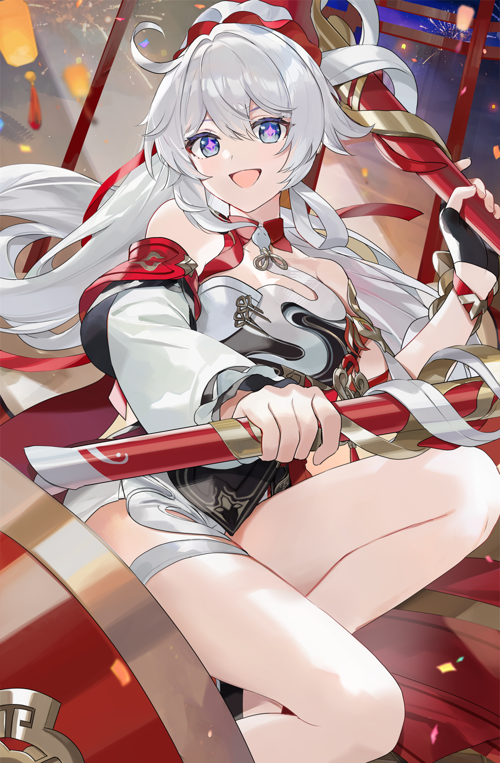 soraneko hino, kiana kaslana, kiana kaslana (ba-dum! fiery wishing star), honkai (series), honkai impact 3rd, commentary, english commentary, highres, second-party source, 1girl, bare shoulders, black gloves, china dress, chinese clothes, detached sleeves, diamond-shaped pupils, diamond (shape), dress, fingerless gloves, floating hair, gloves, grey hair, long hair, long sleeves, looking at viewer, open mouth, purple pupils, single glove, smile, solo, symbol-shaped pupils, white dress