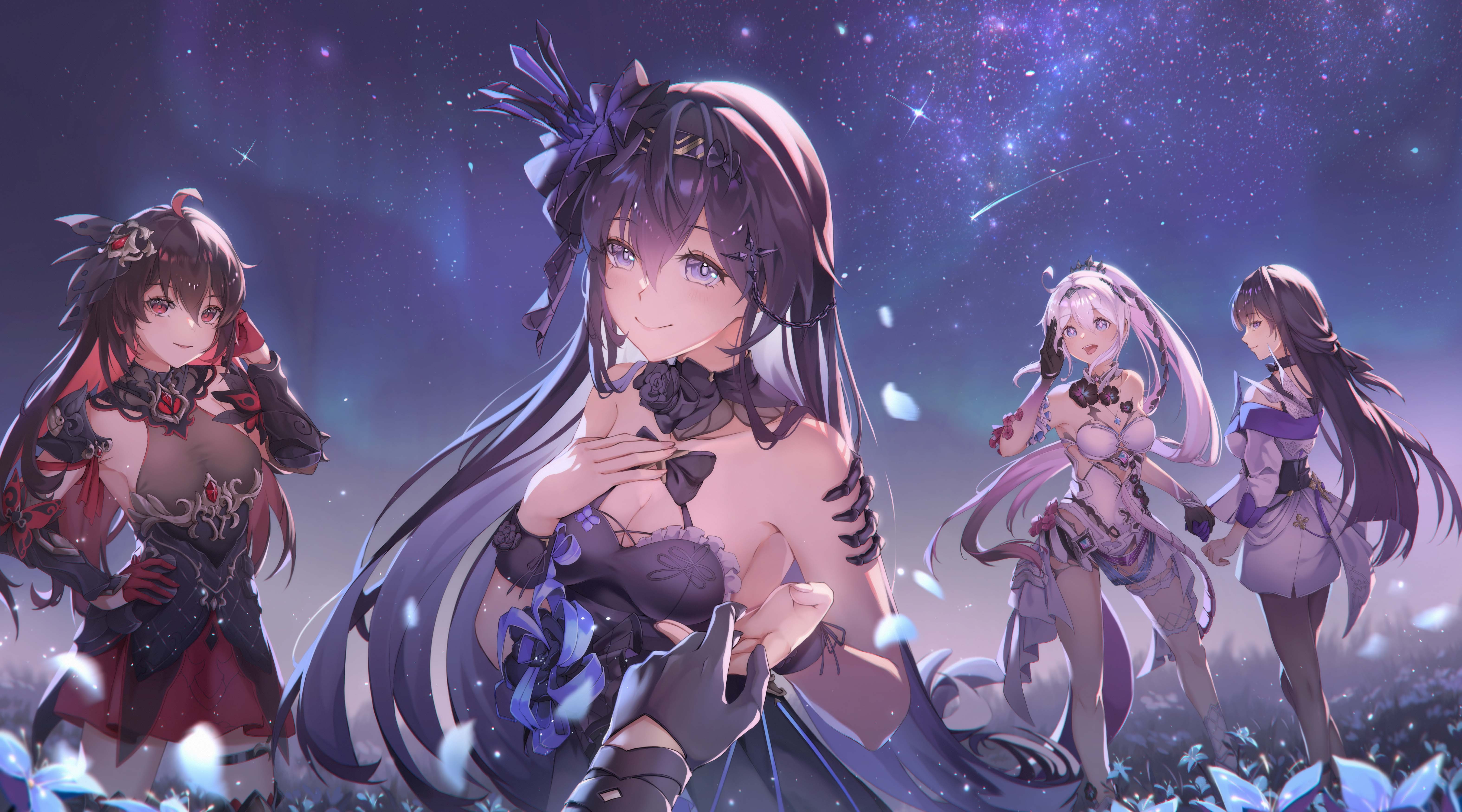 azuria03, kiana kaslana, kiana kaslana (herrscher of finality), raiden mei, raiden mei (apho), seele (alter ego), seele vollerei, seele vollerei (eternal night's embrace), seele vollerei (herrscher of rebirth), seele vollerei (starchasm nyx), honkai (series), honkai impact 3rd, absurdres, commentary, english commentary, highres, second-party source, 4girls, ahoge, bare legs, bare shoulders, black bow, black bowtie, black dress, black hair, black pantyhose, blue dress, blue eyes, blue hair, bow, bowtie, breasts, cleavage, colored inner hair, dress, field, flower, flower field, flower ornament, hair ornament, large breasts, long hair, medium breasts, multicolored hair, multiple girls, night, night sky, pantyhose, ponytail, pov, pov hands, purple flower, purple hair, purple hands, red dress, red eyes, red hair, see-through cleavage, see-through clothes, sky, smile, star (sky), starry sky, two-tone dress, two-tone hair, white dress, white hair