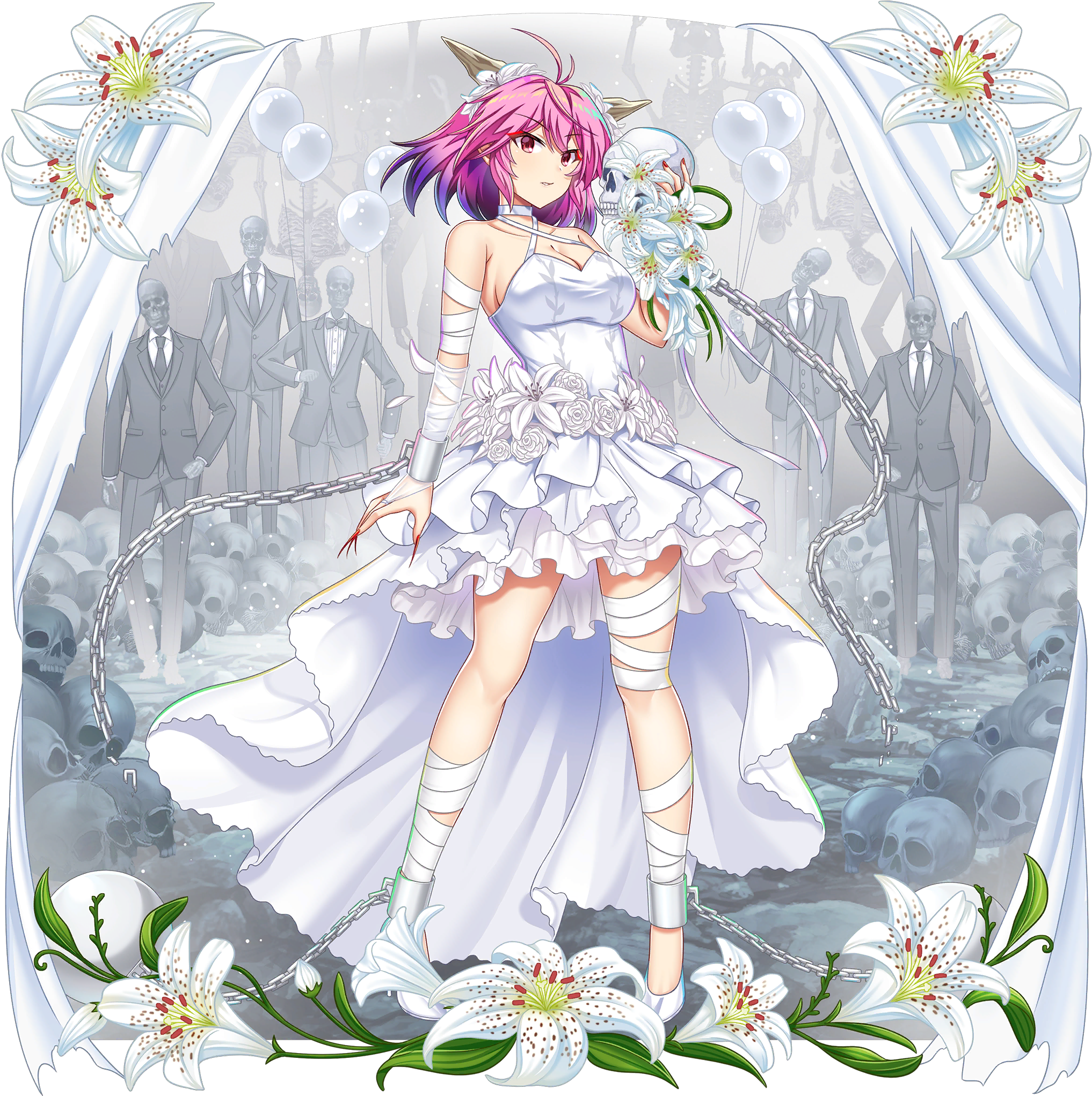 rotte (1109), ibaraki douji's arm, touhou, touhou lostword, flower request, game cg, highres, official art, third-party source, 1girl, alternate costume, antenna hair, balloon, bandage on thigh, bandaged arm, bandages, breasts, broken, broken chain, chain, choker, cleavage, collared shirt, criss-cross halter, cuffs, curtains, dress, fingernails, flower, formal clothes, frilled dress, frills, full body, hair flower, hair ornament, halterneck, holding, holding balloon, holding skull, horns, jacket, long fingernails, looking at viewer, necktie, oni, pants, pink eyes, pink hair, print dress, red nails, rose, shackles, shirt, shoes, skeleton, skull, sleeveless, sleeveless dress, solo, suit, suit jacket, transparent background, vine print, wedding dress, white choker, white dress, white flower, white rose, white shoes