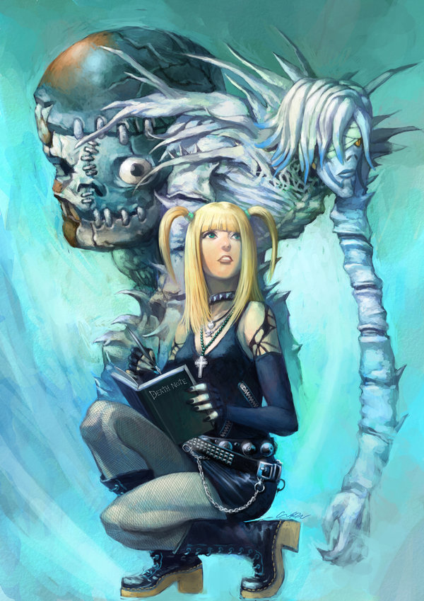cuson, amane misa, jealous (death note), rem (death note), death note, black footwear, gothic, 00s, 1boy, 2girls, bandage over one eye, bare shoulders, belt, black belt, black collar, black nails, black skirt, blonde hair, blunt bangs, boots, breasts, chain, collar, cross, cross necklace, death note (object), elbow gloves, fingerless gloves, fishnets, full body, gloves, goth fashion, gothic lolita, jewelry, lolita fashion, looking up, miniskirt, multiple boys, multiple girls, nail polish, necklace, one-eyed, realistic, shinigami, skirt, skull, small breasts, squatting, stitches, studded belt, studded collar, two side up