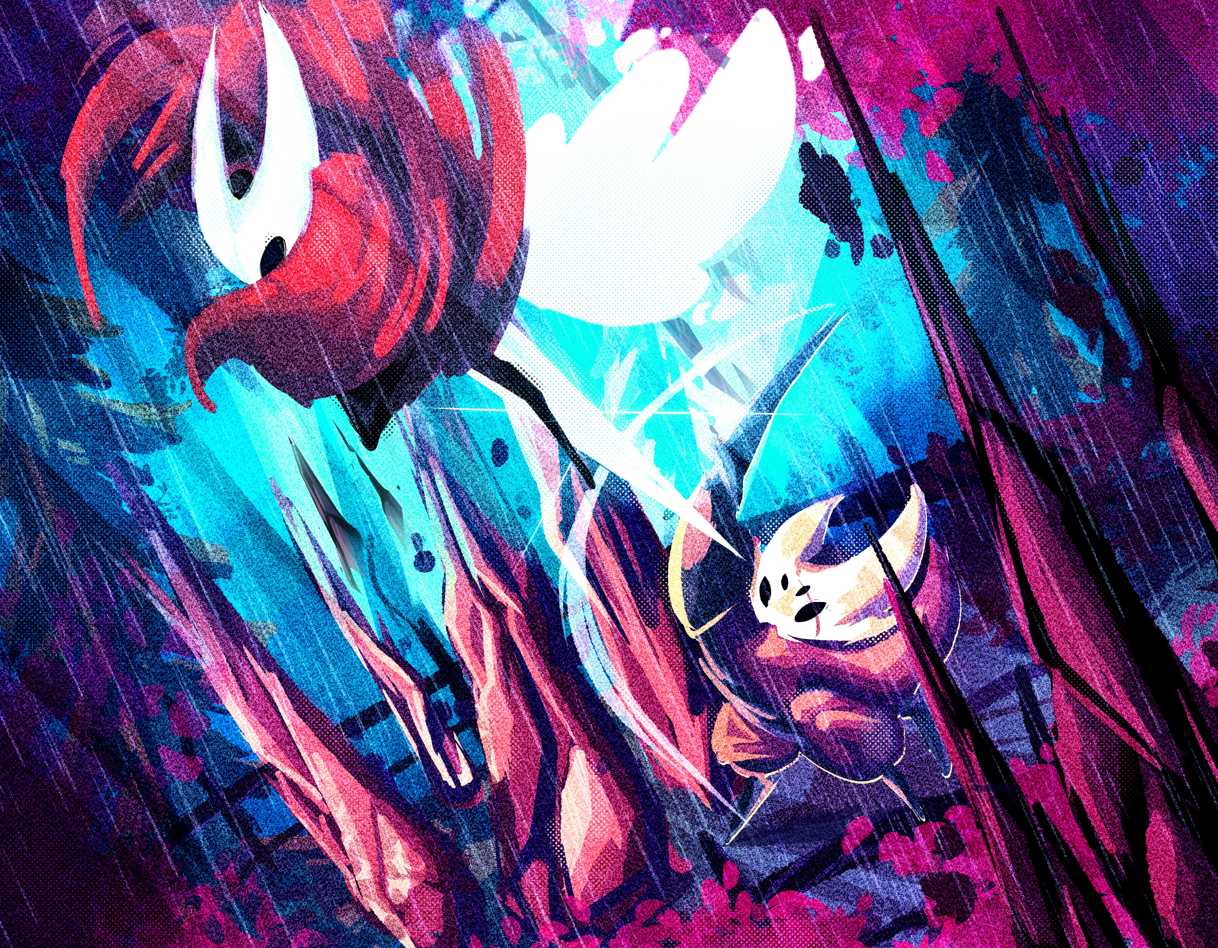 hornet (hollow knight), hollow knight, hollow knight: silksong, absurdres, highres, 1boy, 1girl, arthropod girl, battle, black skin, cloak, colored skin, crust king khann (hollow knight), full body, geokinesis, holding, holding weapon, hollow eyes, horned mask, horns, looking at another, looking down, mask, needle (hollow knight), no humans, no mouth, red cloak, scar, scar across eye, scar on face, standing, theweevilguy, weapon, white mask, white wings, wings