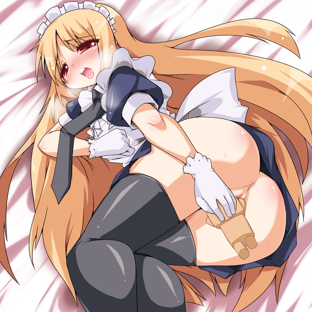 raiden (artist), raiden (raiden labo), bad id, bad pixiv id, character request, 1girl, ass, bed, blonde hair, female focus, female masturbation, gloves, long hair, lying, maid, masturbation, no panties, object insertion, pussy, pussy juice, red eyes, saliva, solo, thighhighs, uncensored