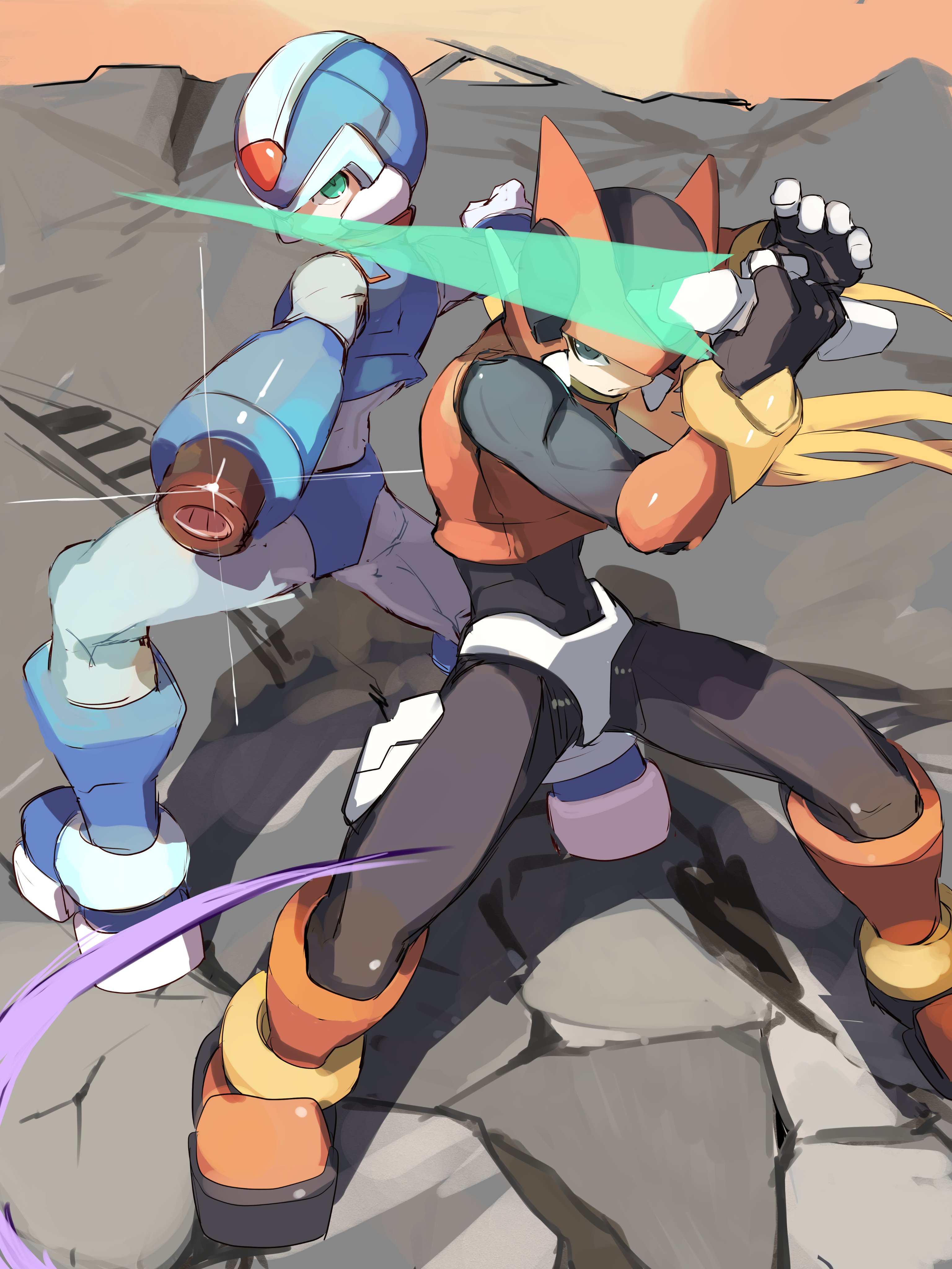 omochi (mochi skymega), omega (mega man), zero(z) (mega man), zero (mega man), mega man (series), mega man x (series), mega man zero (series), absurdres, highres, 2boys, arm cannon, armor, back-to-back, black eyes, blonde hair, blue armor, blue helmet, energy sword, full body, green eyes, helmet, holding, holding sword, holding weapon, long hair, male focus, multiple boys, pov, red armor, red helmet, standing, sword, weapon