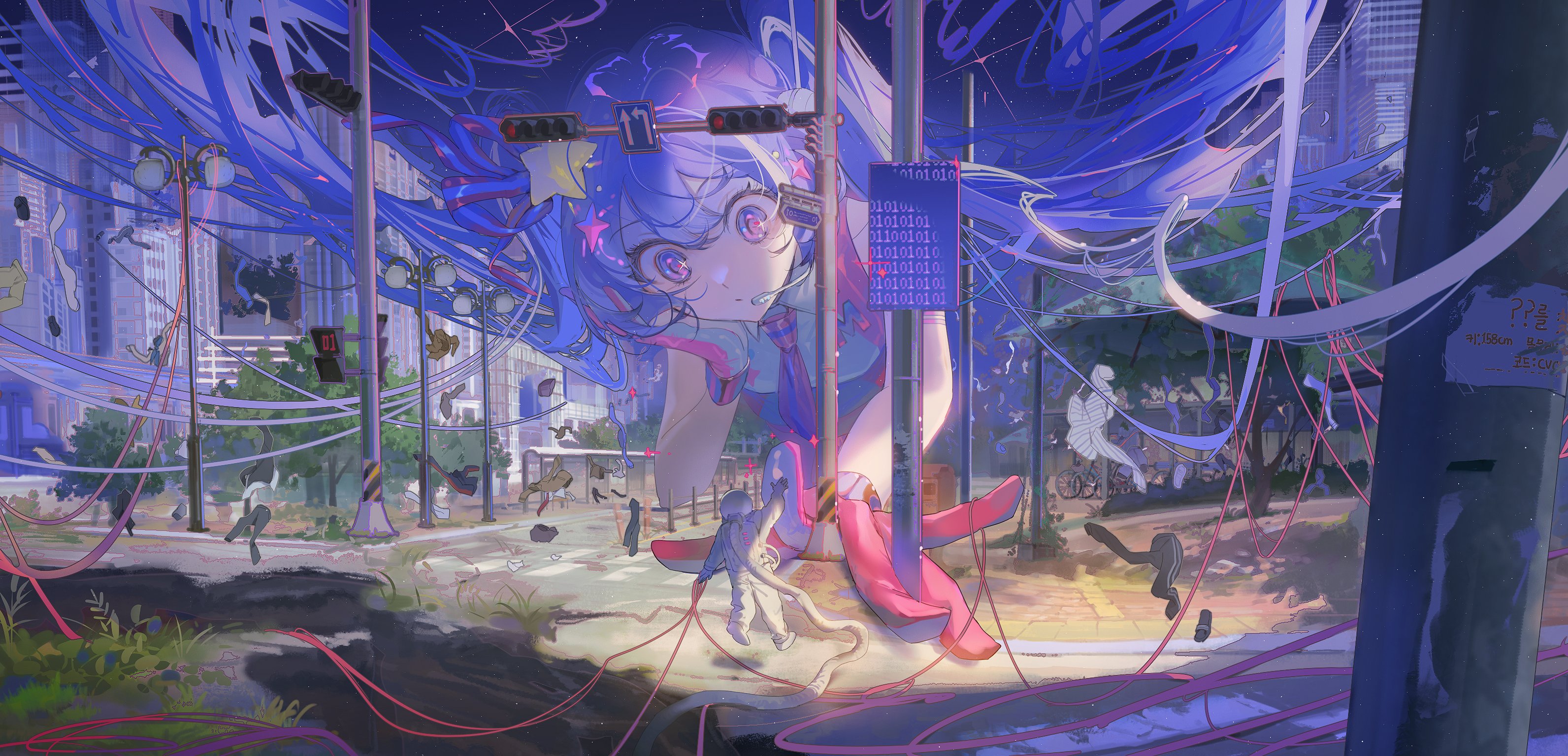 tot 7399, original, highres, 1girl, 1other, astronaut, binary, boots, cable, city, floating clothes, floating hair, giant, giantess, gloves, hand on own shoulder, long hair, looking at another, necktie, outdoors, pink gloves, purple eyes, purple hair, shirt, space, string, string of fate, thigh boots, traffic light, twintails, very long hair