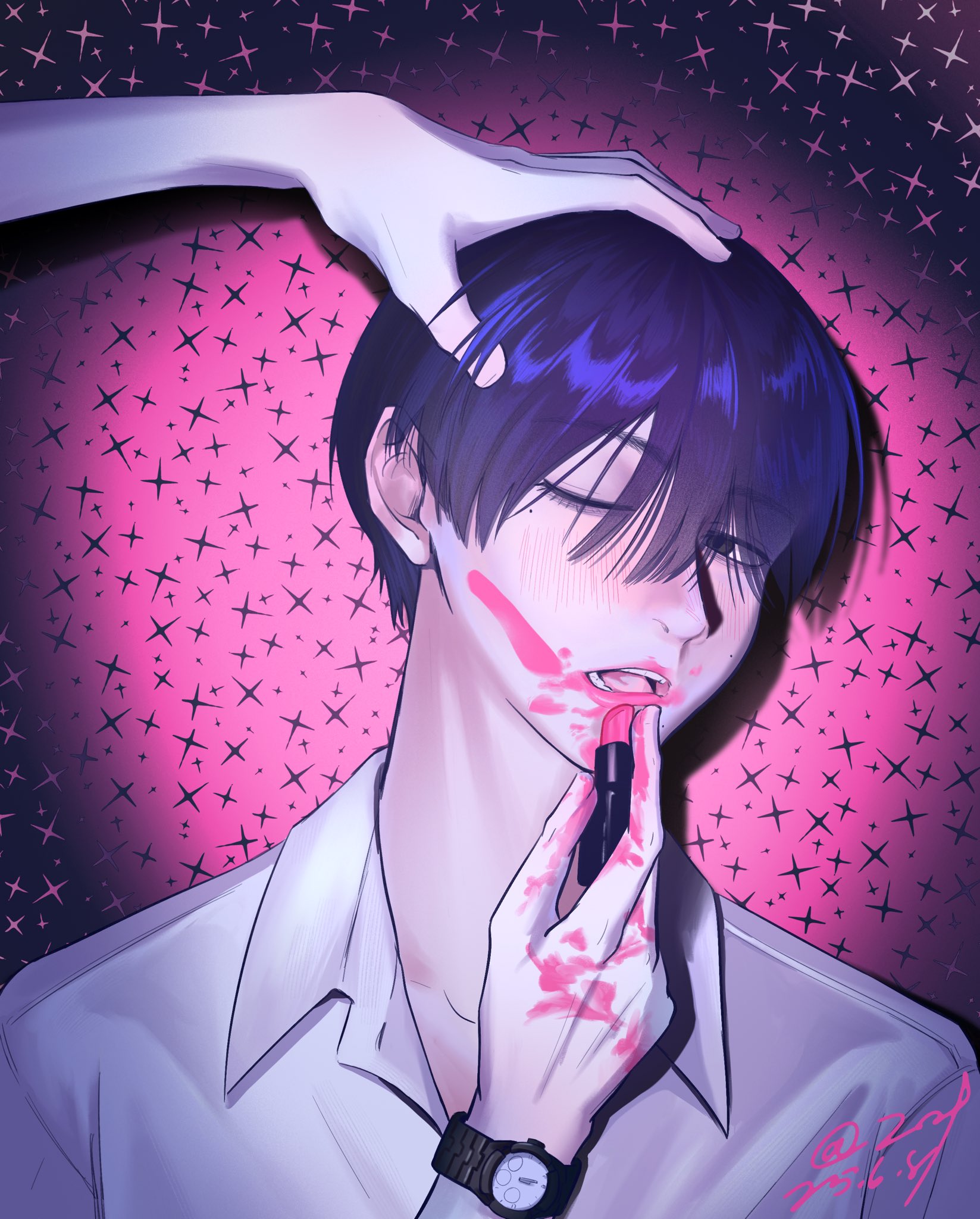 indou hikaru, tsujinaka yoshiki, hikaru ga shinda natsu, commentary request, highres, 2boys, black hair, blush, collared shirt, cosmetics, dated, hand on another's head, holding, holding lipstick tube, itis7leaves, lipstick, lipstick tube, makeup, male focus, mole, mole on cheek, mole under eye, mole under mouth, multiple boys, multiple moles, one eye closed, open mouth, out of frame, pink lips, shirt, short hair, smeared lipstick, teeth, tongue, twitter username, upper body, watch, white shirt, wristwatch