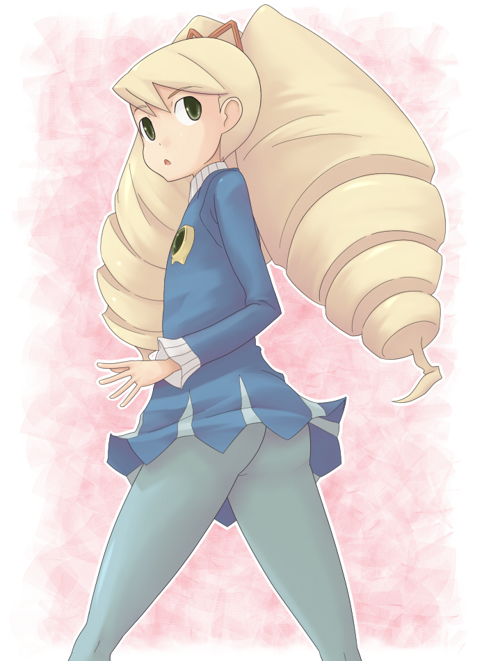 sujiko, luna platz (mega man), capcom, mega man (series), mega man star force (series), bad id, bad pixiv id, 00s, 1girl, big hair, blonde hair, blue pantyhose, drill hair, female focus, looking back, pantyhose, solo, yellow eyes