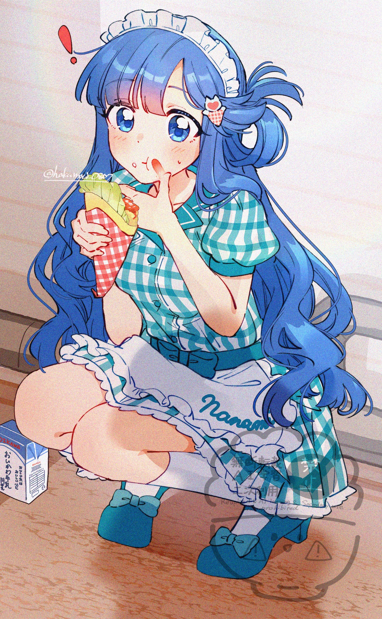 shisui (5830217), asari nanami, idolmaster, idolmaster cinderella girls, commentary request, food request, highres, !, 1girl, :t, apron, artist name, blue eyes, blue hair, blush, bow, breasts, character name, closed mouth, dress, eating, food, food on face, footwear bow, frilled apron, frills, full body, gingham dress, green bow, green dress, green shoes, hair ornament, hair rings, hands up, holding, holding food, ketchup, kneehighs, long hair, looking at viewer, milk carton, petticoat, puffy short sleeves, puffy sleeves, raised eyebrows, shoes, short dress, short sleeves, single hair ring, small breasts, small sweatdrop, socks, solo, squatting, twitter username, waist apron, watermark, white apron, white headdress, white socks, wiping face