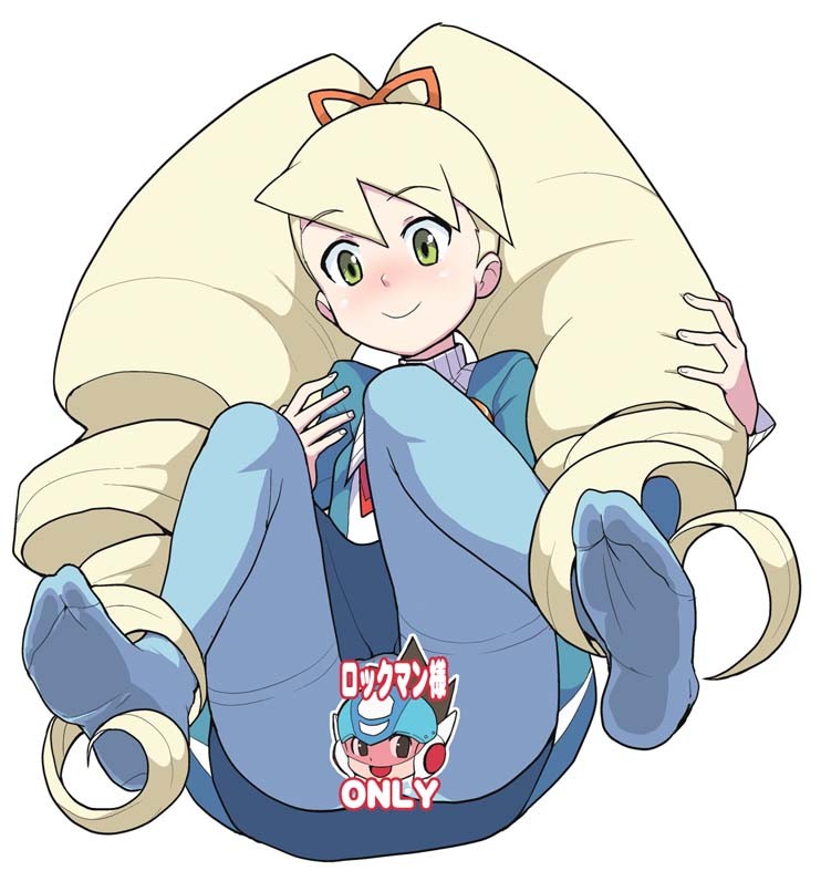 heriyama, luna platz (mega man), capcom, mega man (series), mega man star force (series), bad id, bad pixiv id, 00s, 1girl, big hair, blonde hair, blue pantyhose, censored, drill hair, feet, female focus, from below, pantyhose, solo, spread legs, yellow eyes