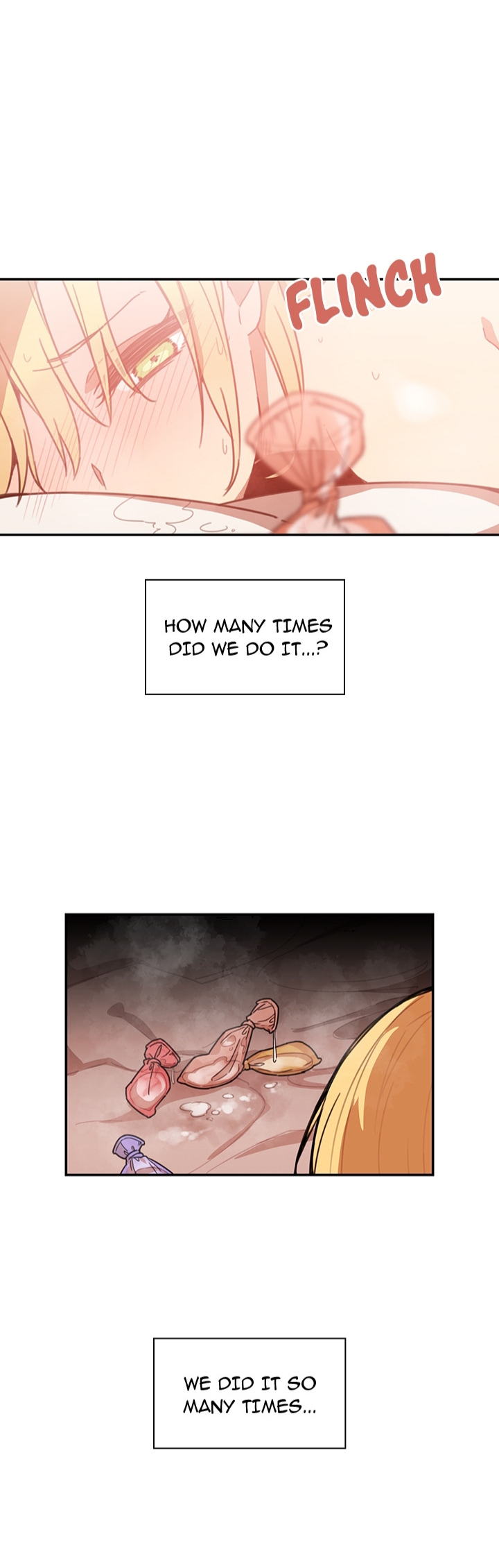 pornhwa, webtoon, artist request, character request, colorized, cropped, highres, long image, official art, translated, 1girl, after ejaculation, aftersex, bare shoulders, blonde hair, blush, cheating (relationship), condom, cum, cumdrip, english text, female focus, green eyes, lying, nude, on stomach, solo, solo focus, speech bubble