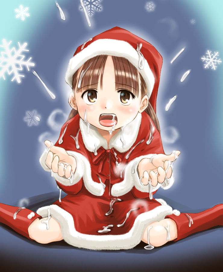 wancho, original, bad id, bad pixiv id, source request, 1girl, boots, bukkake, christmas, cum, cum on body, cum on clothes, facial, female focus, loli, open mouth, santa costume, sitting, solo