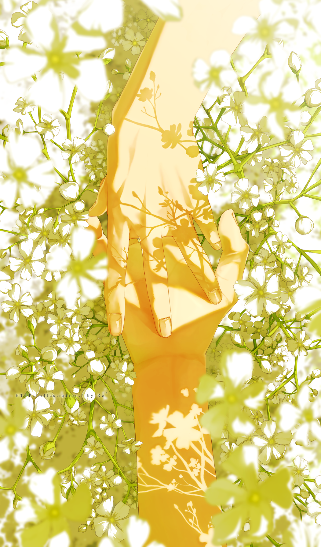 rido (ridograph), original, highres, 2others, artist name, blurry, blurry foreground, dappled sunlight, depth of field, fingers on palm, flower, hand focus, holding hands, multiple others, open hand, sunlight, white flower