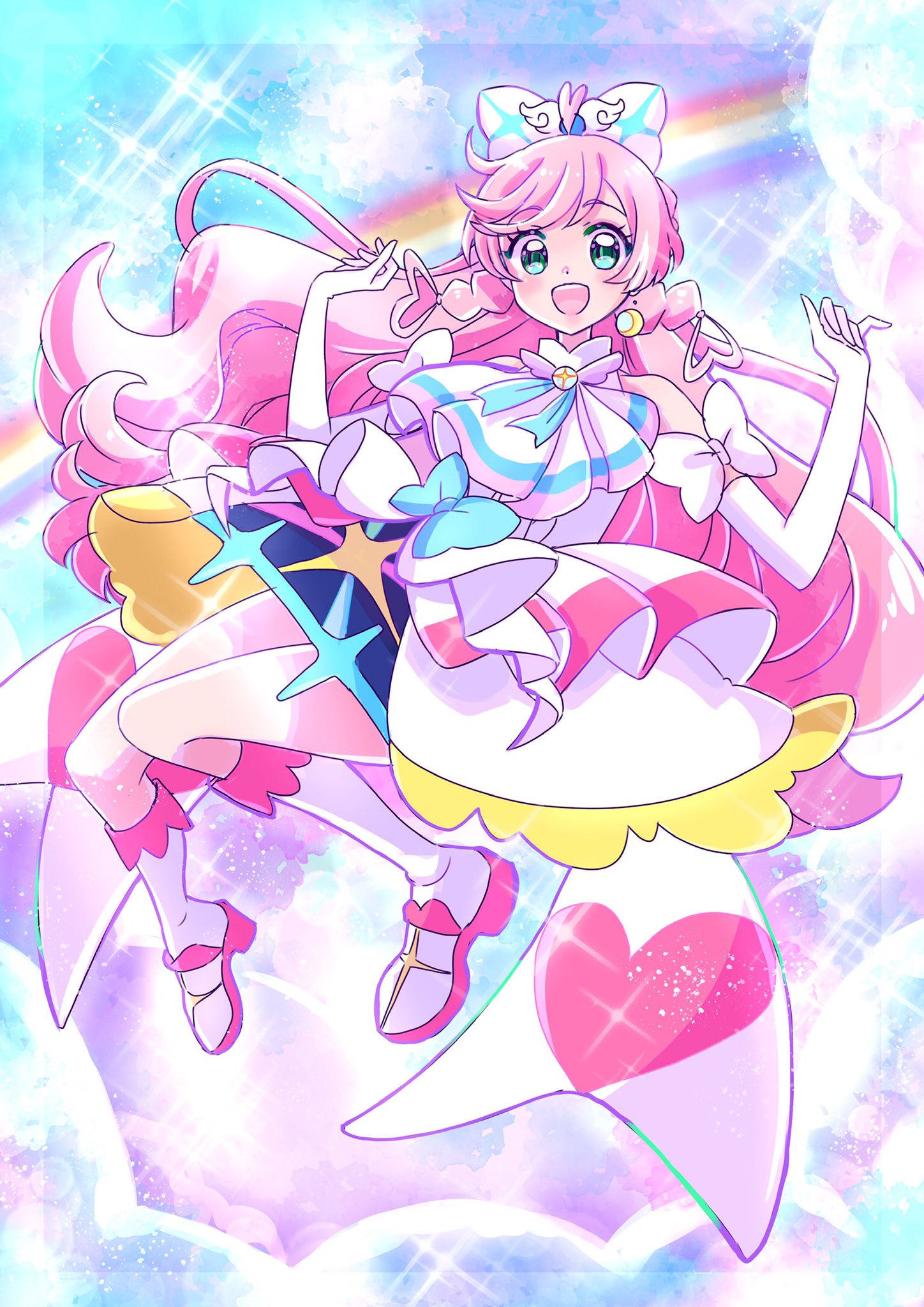momo02634, cure prism, nijigaoka mashiro, hirogaru sky! precure, precure, commentary, highres, 1girl, above clouds, ascot, blue bow, boots, bow, braid, brooch, cloud, day, dress, dress bow, earrings, elbow gloves, floating, glove bow, gloves, green eyes, hair bow, heart, jewelry, knee boots, layered dress, legs up, long hair, looking at viewer, magical girl, medium dress, open mouth, outdoors, pink hair, rainbow, side braids, sleeveless, sleeveless dress, smile, solo, sparkle, very long hair, w arms, white ascot, white boots, white bow, white dress, white gloves, wing brooch