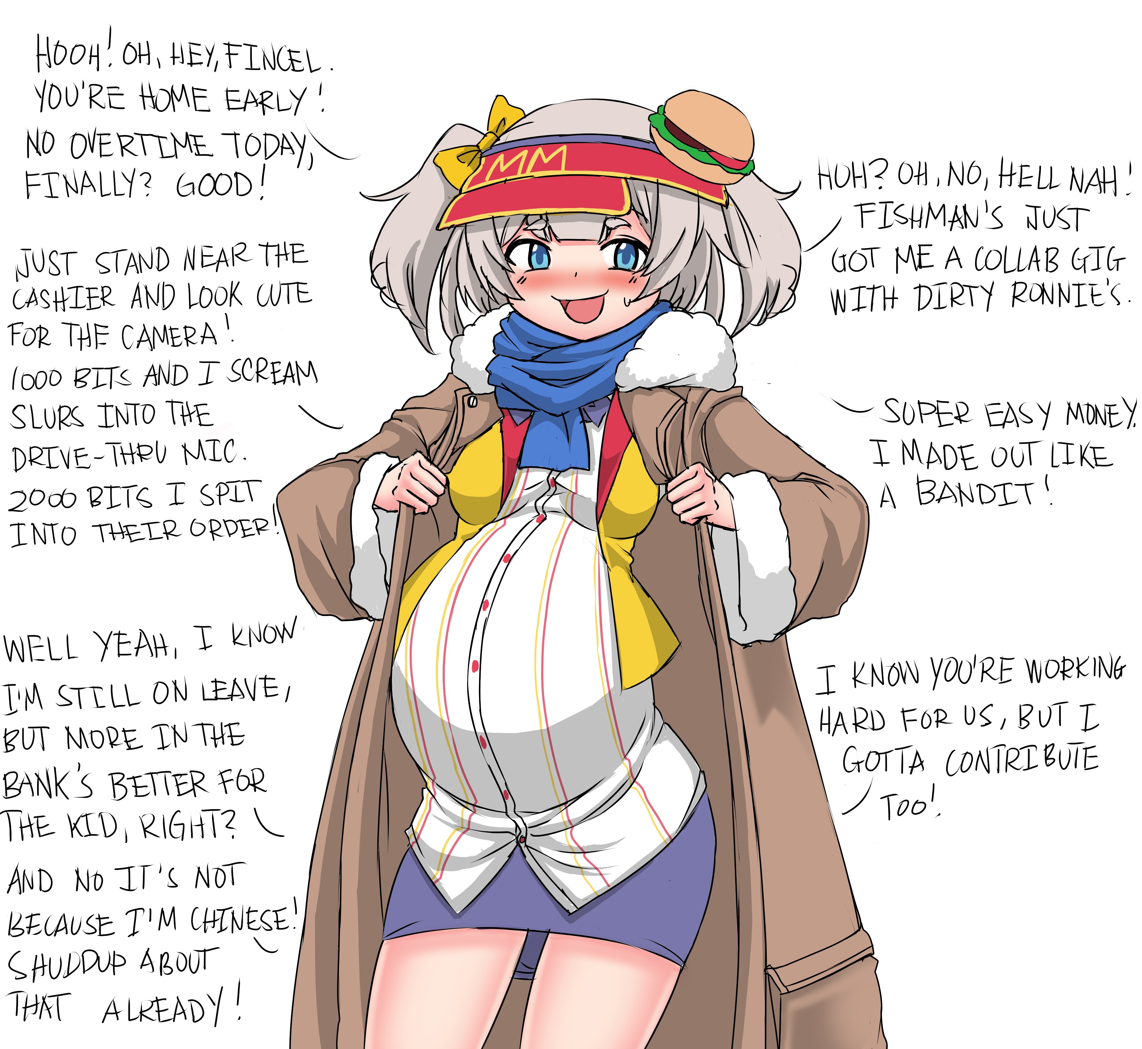 deculture, marimari (vtuber), phase connect, absurdres, commentary, english commentary, highres, 1girl, blue eyes, blue scarf, blush, burger, burger hair ornament, coat, employee uniform, english text, eyebrows hidden by hair, fast food uniform, feet out of frame, food, food-themed hair ornament, grey hair, hair ornament, head bow, looking at viewer, pregnant, scarf, short hair, skirt, solo, twintails, virtual youtuber, visor cap, winter clothes, winter coat