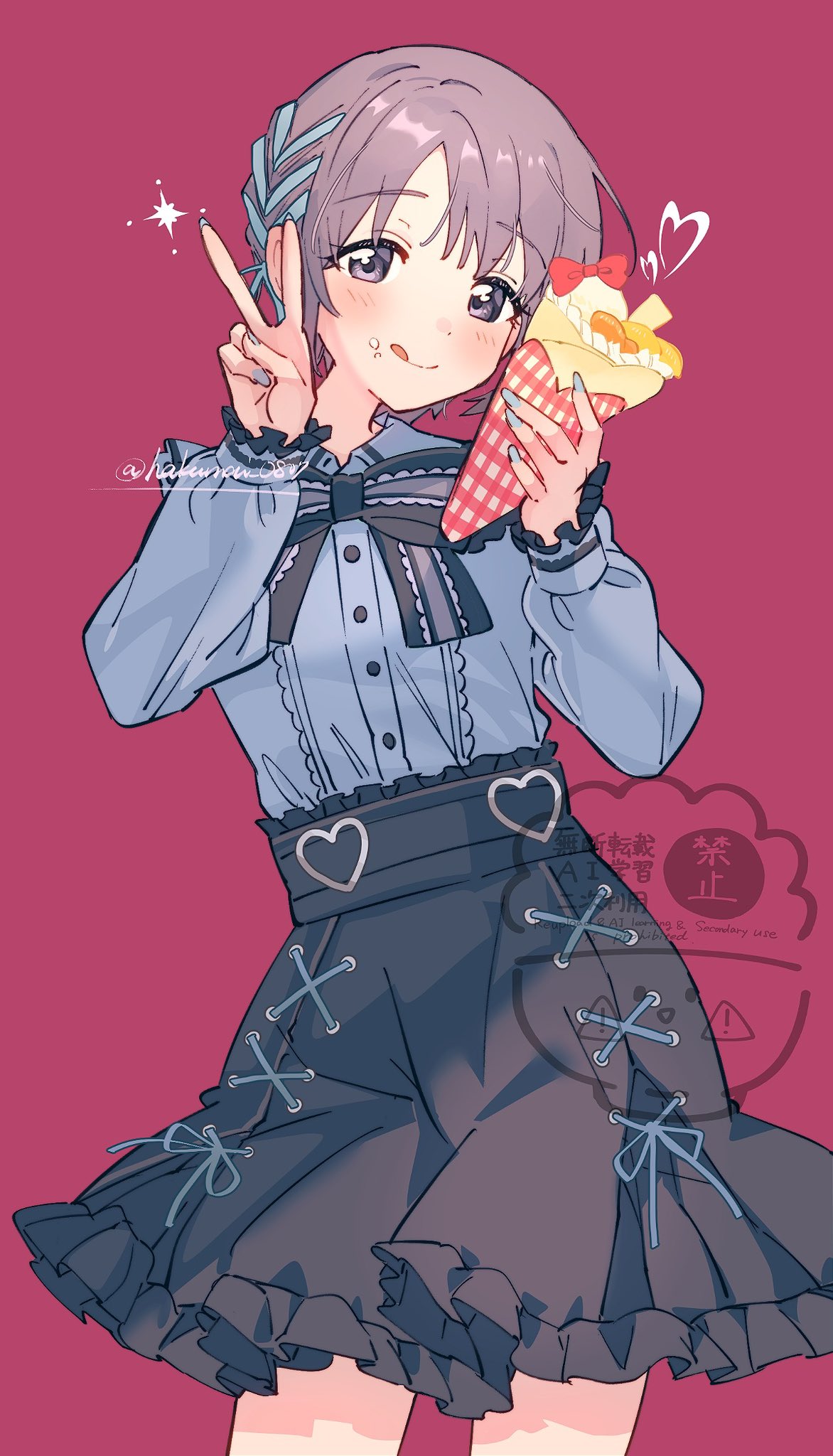 shisui (5830217), otokura yuuki, idolmaster, idolmaster cinderella girls, commentary, highres, 1girl, :q, artist name, black bow, black skirt, blue nails, blue ribbon, blue shirt, blush, bow, braid, closed mouth, contrapposto, cowboy shot, crepe, cross-laced clothes, cross-laced skirt, fingernails, food, food on face, frilled skirt, frilled sleeves, frills, grey hair, hair ribbon, hands up, head tilt, heart, high-waist skirt, holding, holding crepe, holding food, large bow, long fingernails, long sleeves, looking at viewer, nail polish, parted bangs, purple eyes, raised eyebrows, red background, ribbon, ribbon braid, shirt, shirt tucked in, short hair, simple background, skirt, smile, solo, sparkle, standing, tongue, tongue out, twitter username, v, watermark