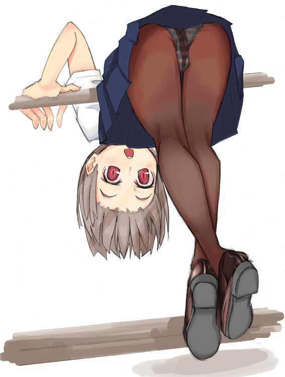nanakura nanane, yukari, bad id, bad pixiv id, 1girl, ass, bent over, brown hair, female focus, horizontal bar, panties, panties under pantyhose, pantyhose, pantyshot, red eyes, skirt, solo, striped clothes, striped panties, underwear, upskirt