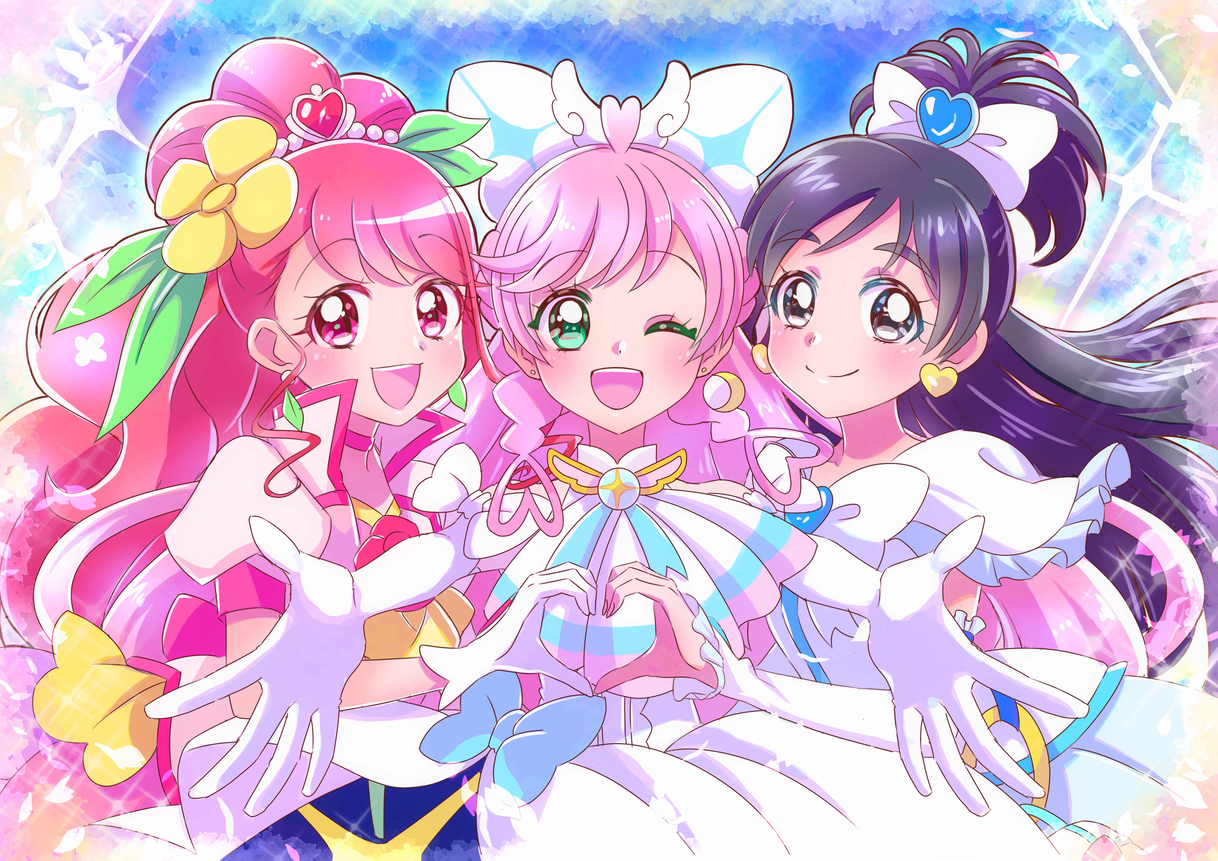 momo02634, cure grace, cure prism, cure white, hanadera nodoka, nijigaoka mashiro, futari wa precure, futari wa precure max heart, healin' good precure, hirogaru sky! precure, precure, absurdres, commentary, highres, 3girls, ;d, ascot, back bow, black eyes, black hair, blue bow, bow, braid, brooch, center frills, choker, closed mouth, detached sleeves, dress, dress bow, earrings, elbow gloves, flower, flower brooch, frills, girl sandwich, glove bow, gloves, green eyes, green ribbon, hair bow, hair flower, hair ornament, hair ribbon, heart, heart earrings, heart hair ornament, heart hands, heart hands duo, in-franchise crossover, jacket, jewelry, leaf earrings, long hair, looking at viewer, magical girl, mismatched earrings, multiple girls, one eye closed, one side up, open mouth, outstretched arms, pink choker, pink dress, pink eyes, pink hair, pink jacket, puffy short sleeves, puffy sleeves, ribbon, sandwiched, short sleeves, side braids, sleeveless, sleeveless dress, smile, sparkle, spread arms, standing, very long hair, white ascot, white bow, white dress, white gloves, white sleeves, wide ponytail, wing brooch, yellow ascot, yellow flower