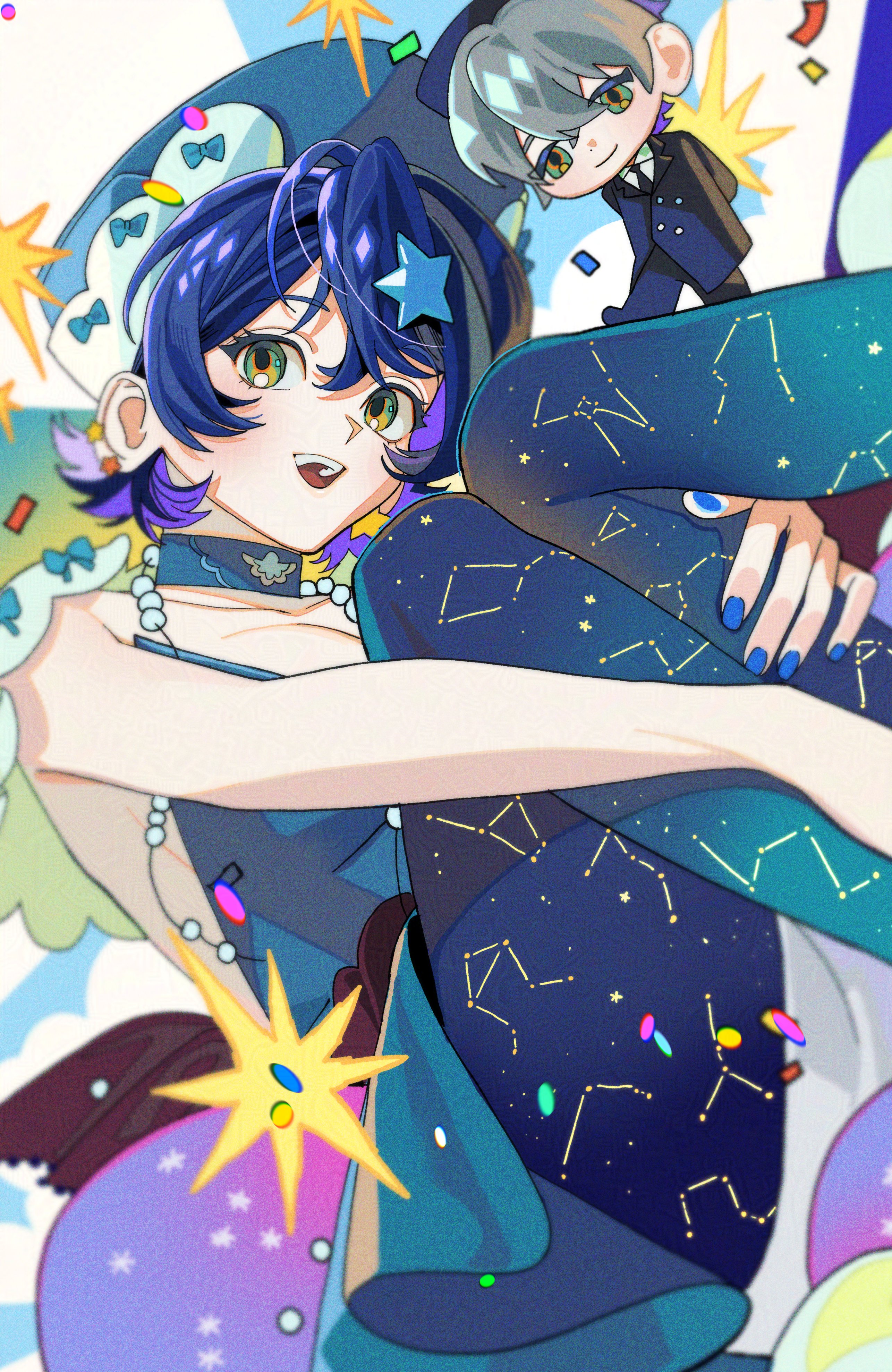 pd honey, belle (zenless zone zero), wise (zenless zone zero), zenless zone zero, absurdres, highres, 1boy, 1girl, bare shoulders, black necktie, black suit, blue bow, blue choker, blue dress, blue hair, blue hat, blue nails, blue pantyhose, blue ribbon, bow, breasts, chibi, choker, confetti, constellation, constellation print, dress, earrings, formal clothes, green eyes, grey hair, hair between eyes, hair ornament, hand on own leg, hand on own thigh, hat, jewelry, looking to the side, necklace, necktie, open mouth, pantyhose, patterned clothing, pearl necklace, print pantyhose, ribbon, shirt, short hair, smile, sparkle, star (symbol), star hair ornament, suit, teeth, upper teeth only, white shirt