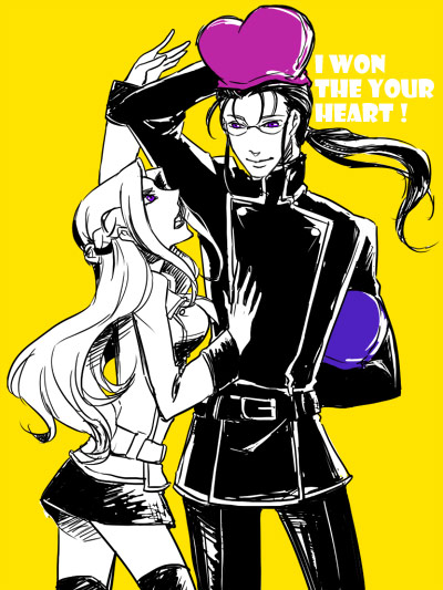 magnitude27, suzuki hayase, cornelia li britannia, gilbert g.p. guilford, code geass, bad id, bad pixiv id, 00s, 1boy, 1girl, alternate costume, english text, engrish text, glasses, hat, long hair, miniskirt, monochrome, purple eyes, ranguage, school uniform, skirt, spot color, thighhighs, yellow background, zettai ryouiki