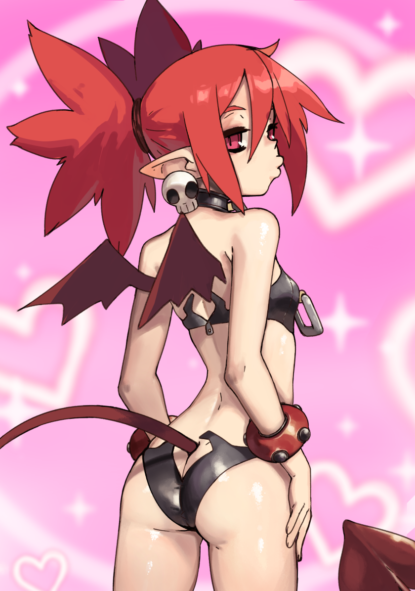 vins-mousseux, etna (disgaea), disgaea, commentary, english commentary, paid reward available, 1girl, ass, black bra, black panties, bra, bracelet, collar, demon girl, demon tail, demon wings, earrings, from behind, heart, heart background, jewelry, looking at viewer, looking back, mini wings, o3o, panties, pink background, pointy ears, red eyes, red hair, red tail, red wings, shiny skin, skull earrings, solo, tail, thighs, twintails, underwear, wings