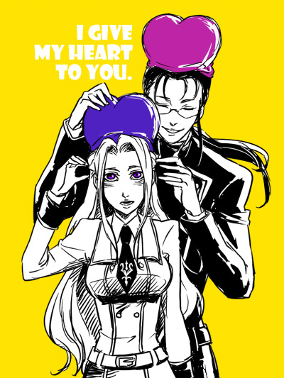 magnitude27, suzuki hayase, cornelia li britannia, gilbert g.p. guilford, code geass, bad id, bad pixiv id, 00s, 1boy, 1girl, alternate costume, glasses, hat, long hair, monochrome, necktie, purple eyes, school uniform, spot color, yellow background