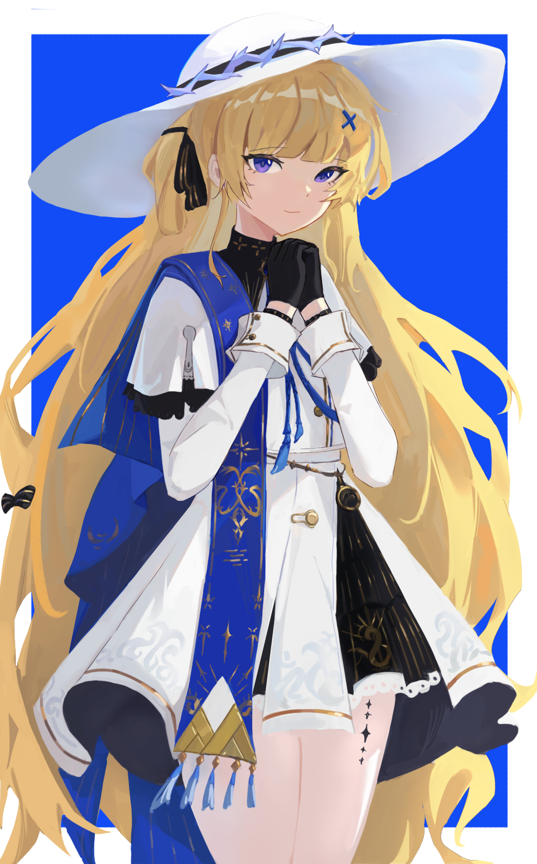 shadowtapir, phoebe (wuthering waves), wuthering waves, highres, 1girl, black collar, black gloves, blonde hair, blue sash, bow, collar, gloves, hair ornament, hat, long hair, long sleeves, looking at viewer, pantyhose, purple eyes, sash, shirt, skirt, smile, solo, striped bow, very long hair, white hat, white pantyhose, white shirt, white skirt, x hair ornament