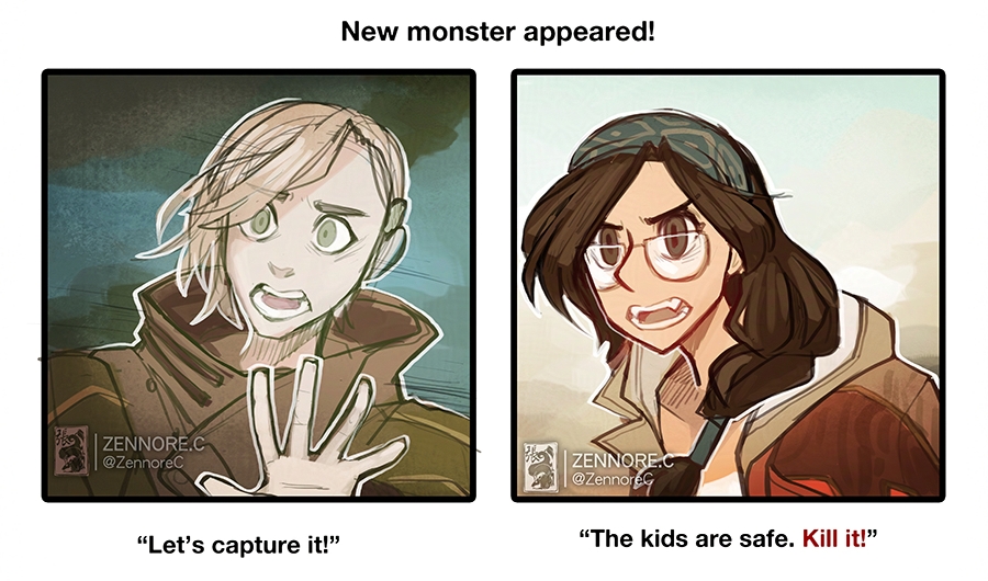 alma (monster hunter wilds), monster hunter (series), monster hunter wilds, commentary, english commentary, 1girl, 1other, artist name, blonde hair, brown eyes, brown hair, erik (monster hunter wilds), glasses, green eyes, jacket, jewelry, long hair, looking at viewer, meme, necklace, open mouth, teeth, zennorec