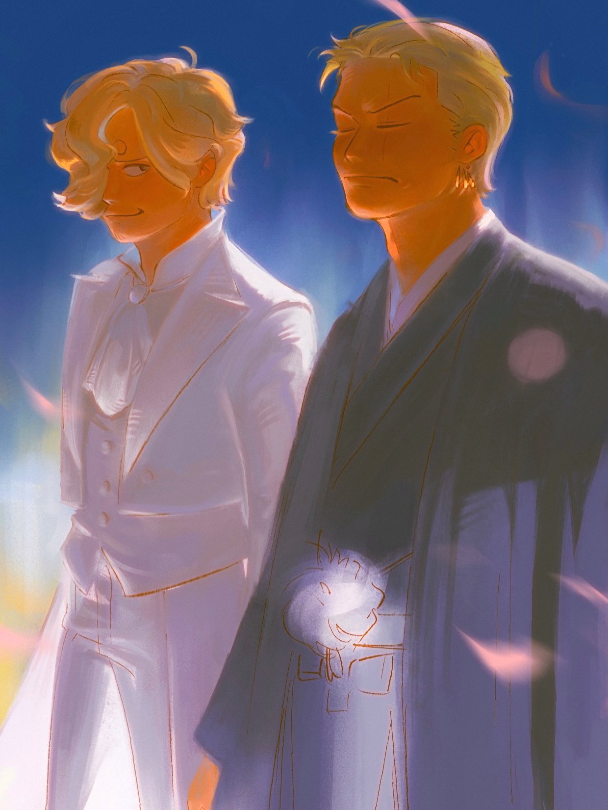 roronoa zoro, sanji (one piece), one piece, commentary, highres, 2boys, blonde hair, closed eyes, curly eyebrows, earrings, facial hair, goatee, green hair, groom, hair slicked back, haori, haori himo, japanese clothes, jewelry, laktusz, male focus, multiple boys, scar, scar across eye, scar on face, short hair, smile
