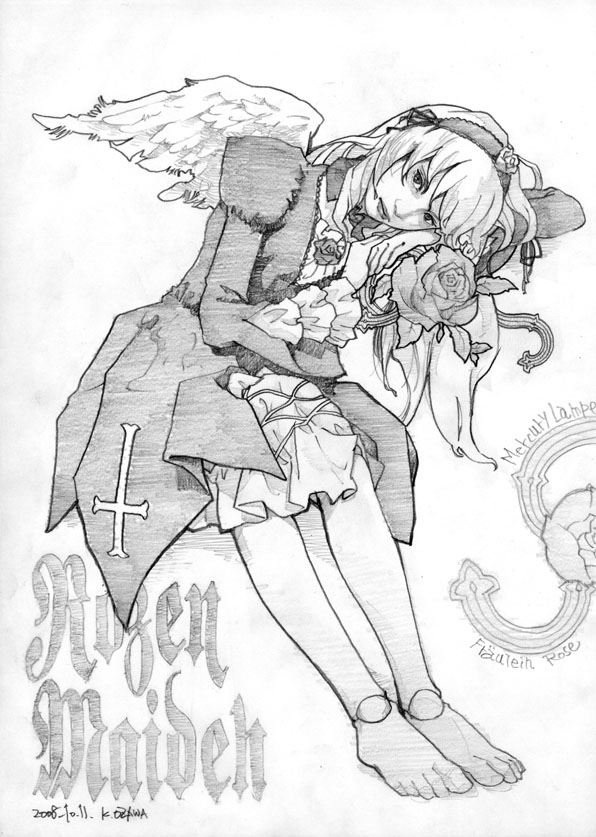 ozawa kou, suigintou, rozen maiden, traditional media, 00s, barefoot, doll joints, dress, frills, greyscale, hairband, joints, long hair, monochrome, solo, wings