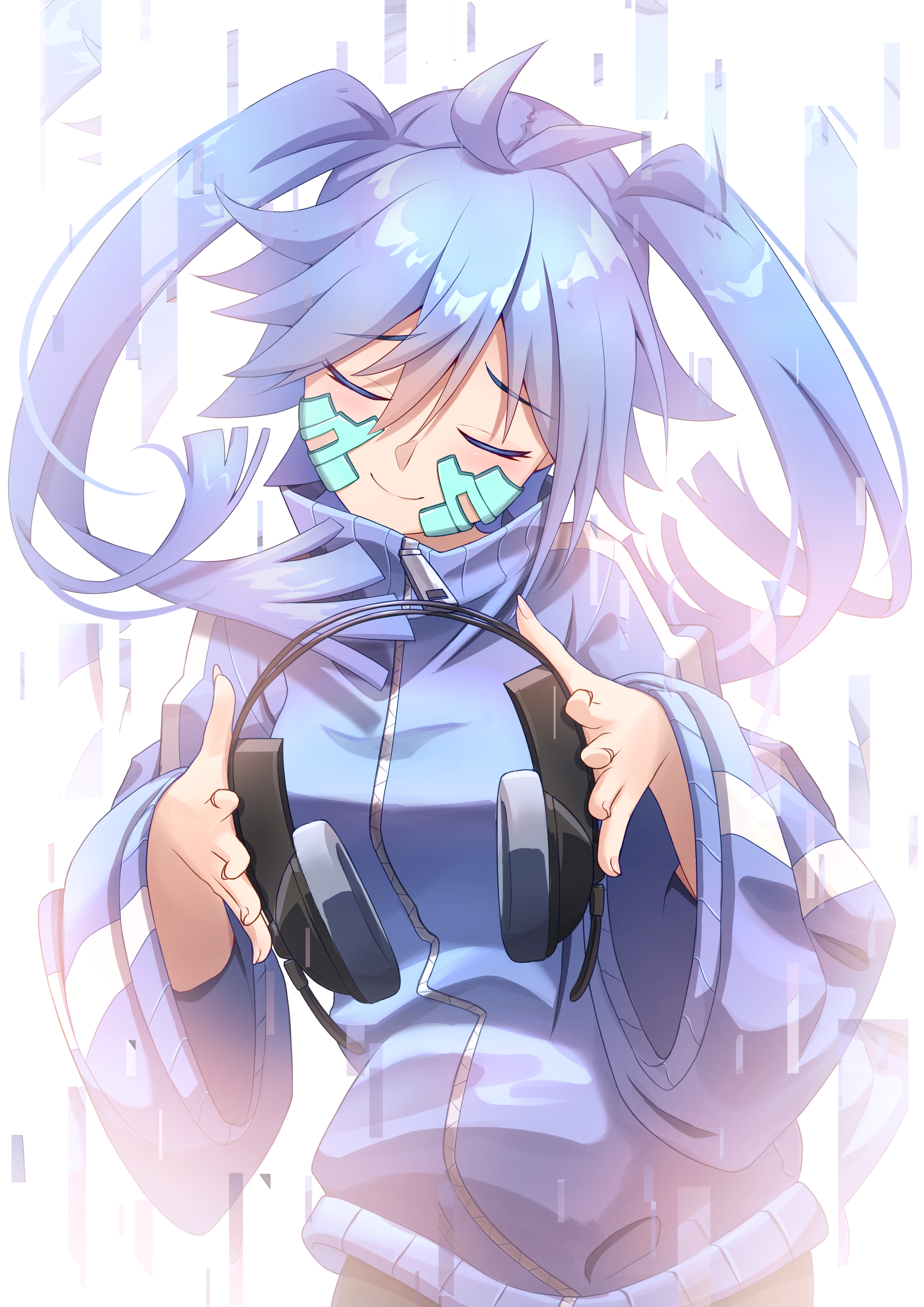 suzugame lost, ene (kagerou project), kagerou project, absurdres, commentary request, highres, 1girl, antenna hair, blue hair, blue jacket, blush, closed eyes, closed mouth, double-parted bangs, facial mark, fingernails, floating hair, glitch, hair between eyes, hands up, head tilt, headphones, high collar, holding, holding headphones, jacket, long fingernails, long hair, long sleeves, raised inner eyebrows, simple background, smile, solo, twintails, up sleeve, upper body, vertical-striped sleeves, white background, wide sleeves, zipper pull tab