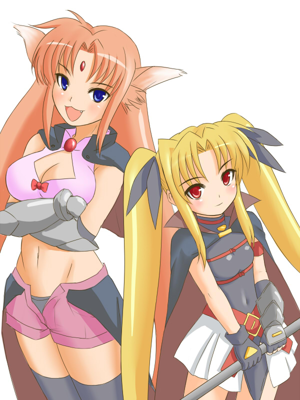 arf, bardiche (nanoha), fate testarossa, fate testarossa (lightning form), lyrical nanoha, mahou shoujo lyrical nanoha, 00s, 2girls, animal ears, blonde hair, breasts, cleavage, fox ears, large breasts, long hair, midriff, multiple girls, red eyes, red hair, ribbon, small breasts, thighhighs, twintails, very long hair