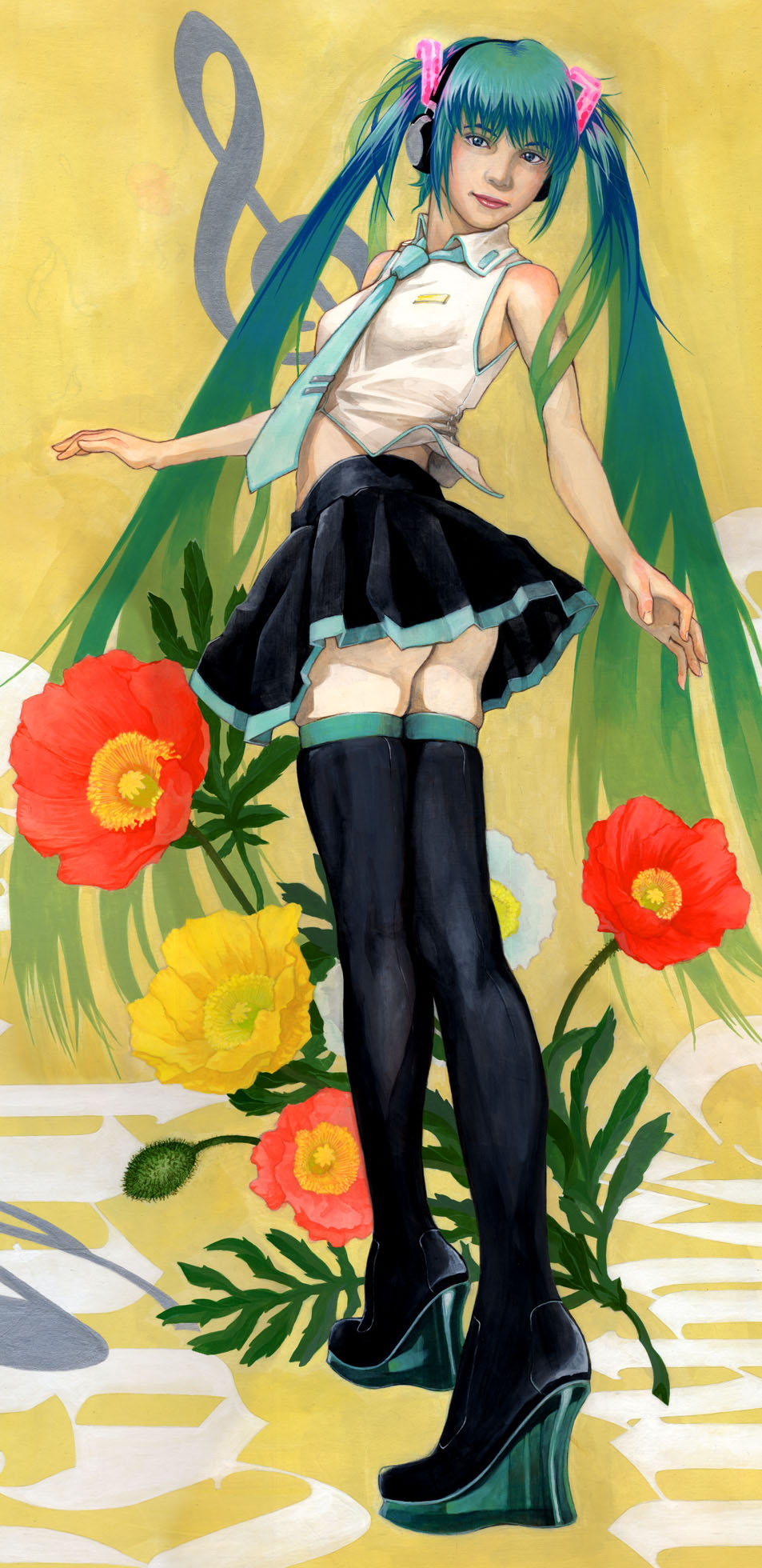 ozawa kou, hatsune miku, vocaloid, highres, traditional media, 1girl, boots, female focus, flower, green eyes, green hair, headphones, legs, lips, long hair, matching hair/eyes, necktie, realistic, skinny, skirt, slender, solo, thigh boots, thighhighs, twintails, upskirt, very long hair, zettai ryouiki