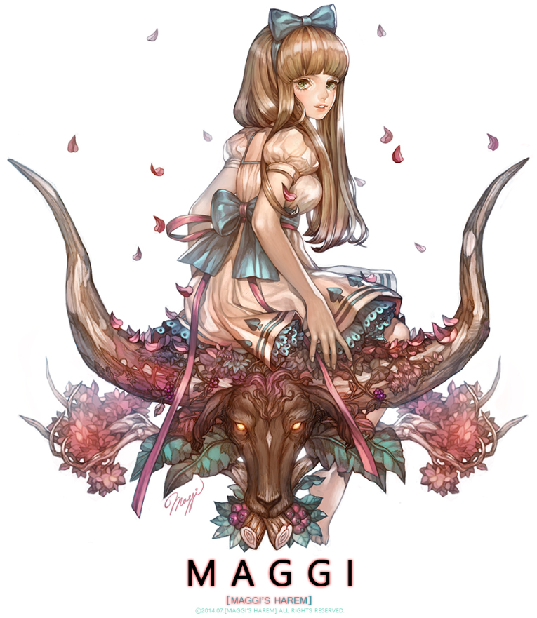 maggi, original, archived source, 1girl, 2014, aqua bow, aqua eyes, aqua hairband, artist name, back bow, bare legs, barefoot, berry, blonde hair, bow, breasts, colored petticoat, copyright notice, dated, dress, empire waist, english text, eyelashes, fingernails, flower, from behind, glowing, glowing eyes, hair bow, hairband, high detail, horns, lace-trimmed petticoat, leaf, lips, log, long hair, looking at viewer, medium breasts, parted lips, petticoat, pink ribbon, print dress, puffy short sleeves, puffy sleeves, red flower, red petals, ribbon, short dress, short sleeves, signature, simple background, sitting, solo, spade (shape), teeth, toes, waist bow, white background, white dress, white sleeves
