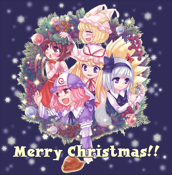 midori (green tea), midori (pixiv), chen, konpaku youmu, konpaku youmu (ghost), saigyouji yuyuko, yakumo ran, yakumo yukari, touhou, silver hair, bad id, bad pixiv id, 5girls, :d, animal ears, animal hat, blonde hair, blunt bangs, blush, cat ears, cat girl, christmas, closed eyes, collared shirt, female focus, flower, food, hat, hat ribbon, long sleeves, looking at viewer, meat, mob cap, multiple girls, open mouth, pink flower, pink hair, pink rose, profile, ribbon, rose, shirt, short hair, sidelocks, smile, tassel, triangular headpiece, wreath