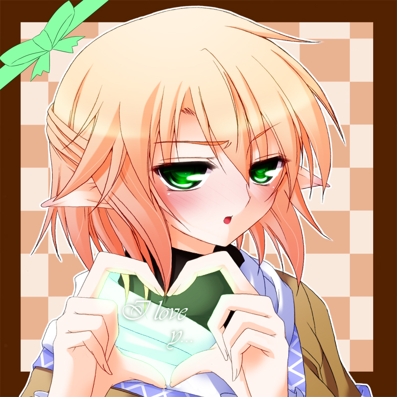 hazuki kasane, mizuhashi parsee, touhou, commentary request, 1girl, black shirt, blonde hair, blush, bow, brown background, brown shirt, checkered background, green bow, green eyes, half updo, heart, heart hands, looking at viewer, moe moe kyun!, open mouth, pointy ears, raised eyebrow, shirt, short hair, solo, touhou 8th popularity poll, undershirt, upper body