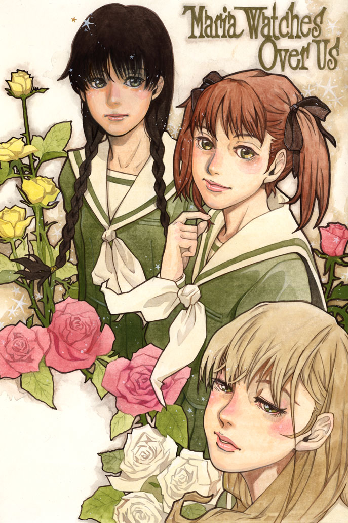 ozawa kou, fukuzawa yumi, shimazu yoshino, toudou shimako, maria-sama ga miteru, traditional media, 00s, 3girls, blonde hair, brown hair, flower, green eyes, lips, multiple girls, school uniform, yuri