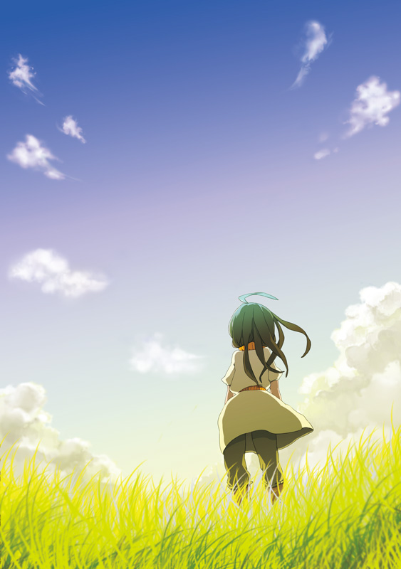 name (pixiv), name (sh), original, bad id, bad pixiv id, 1girl, ahoge, cloud, female focus, field, grass, green hair, sky, solo, wind