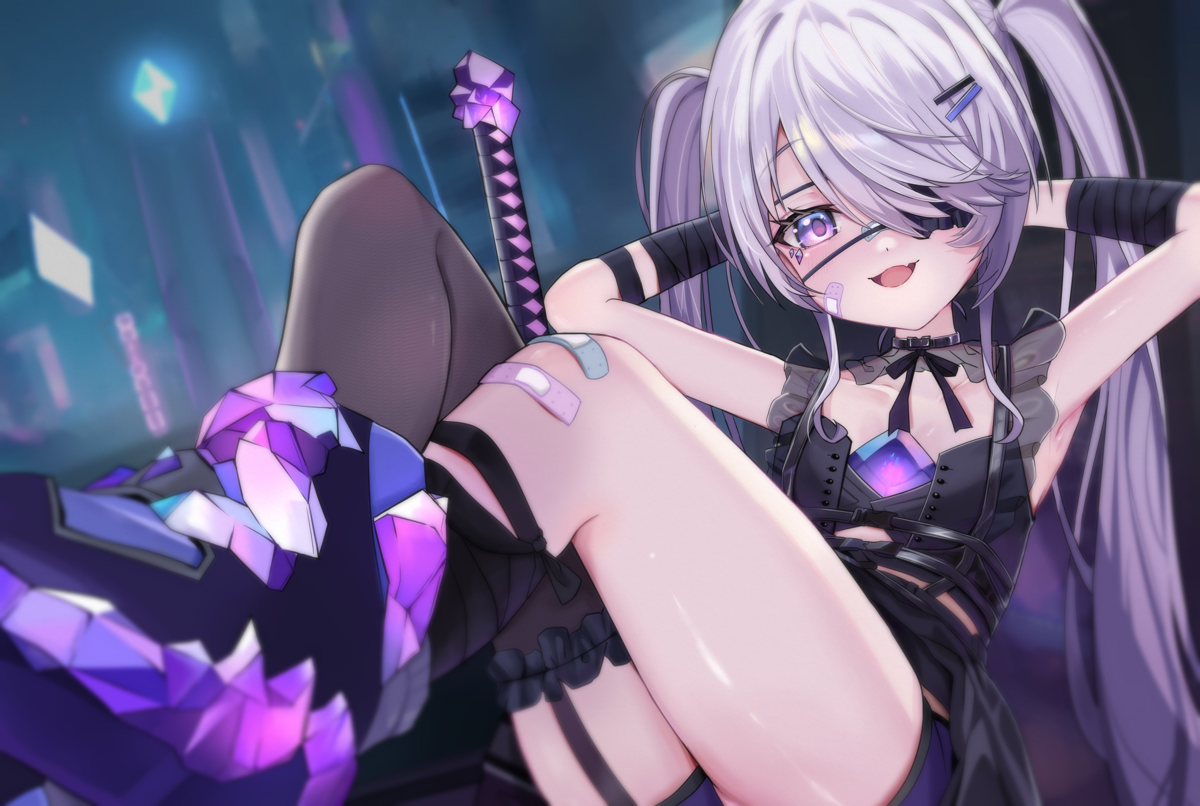 castellayaki, koseki bijou, koseki bijou (casual), hololive, hololive english, absurdres, highres, 1girl, bandaid, bandaid on face, bandaid on leg, blush, chest belt, choker, crop top, dress, eyepatch, flat chest, frilled choker, frilled dress, frilled thighhighs, frills, gem, hair ornament, hairclip, katana, long hair, miniskirt, open mouth, purple eyes, purple hair, sitting, skirt, sword, thighhighs, tomato (sword), twintails, virtual youtuber, weapon