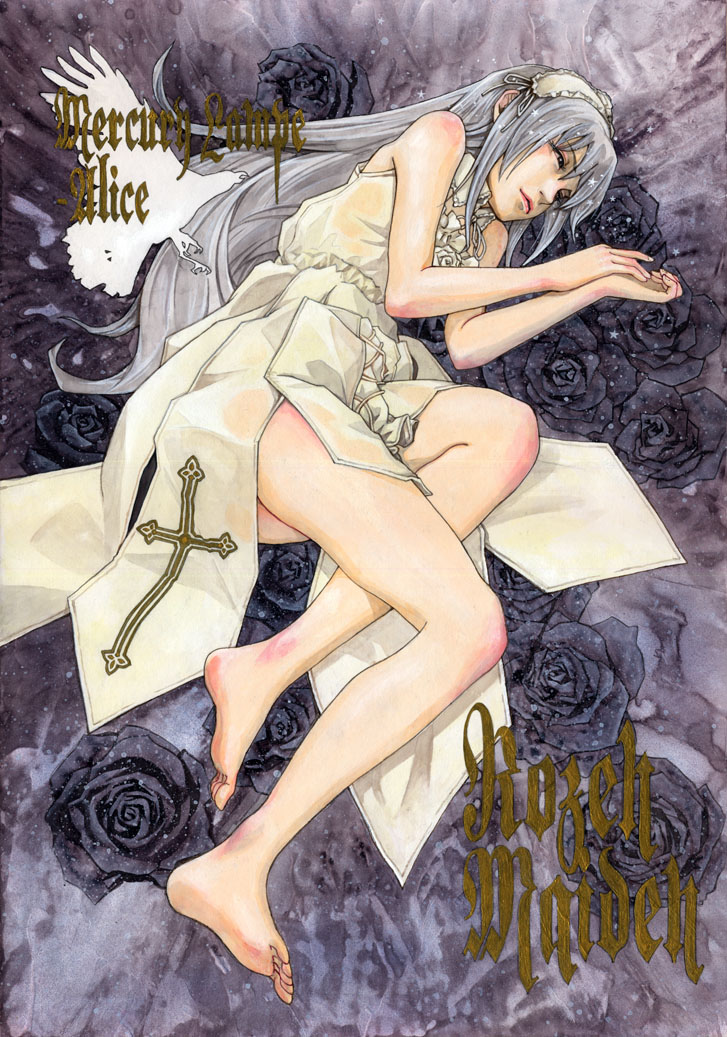 ozawa kou, suigintou, rozen maiden, silver hair, traditional media, 00s, 1girl, alternate costume, bare shoulders, barefoot, cross, cross print, dress, feet, female focus, flower, full body, hairband, legs, lips, lolita fashion, long hair, lying, on side, ribbon, rose, solo