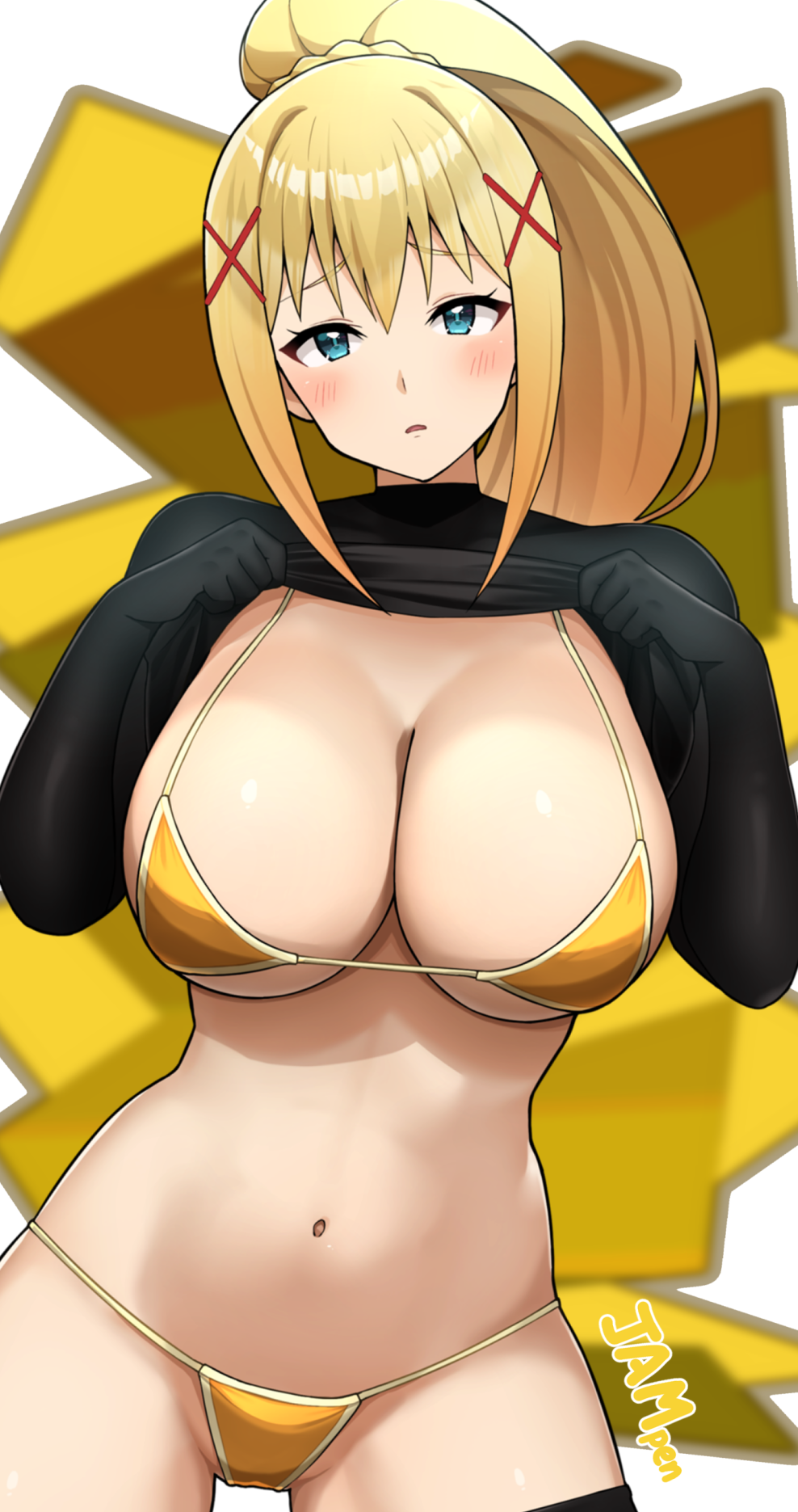 jampen, darkness (konosuba), kono subarashii sekai ni shukufuku wo!, highres, 1girl, bikini, bikini under clothes, black bodysuit, blonde hair, blue eyes, blush, bodysuit, bodysuit lift, braid, breasts, cleavage, clothes lift, hair ornament, hairclip, high ponytail, large breasts, lifting own clothes, long hair, long sleeves, looking at viewer, navel, ponytail, ponytail with braided base, sidelocks, solo, swimsuit, x hair ornament, yellow bikini