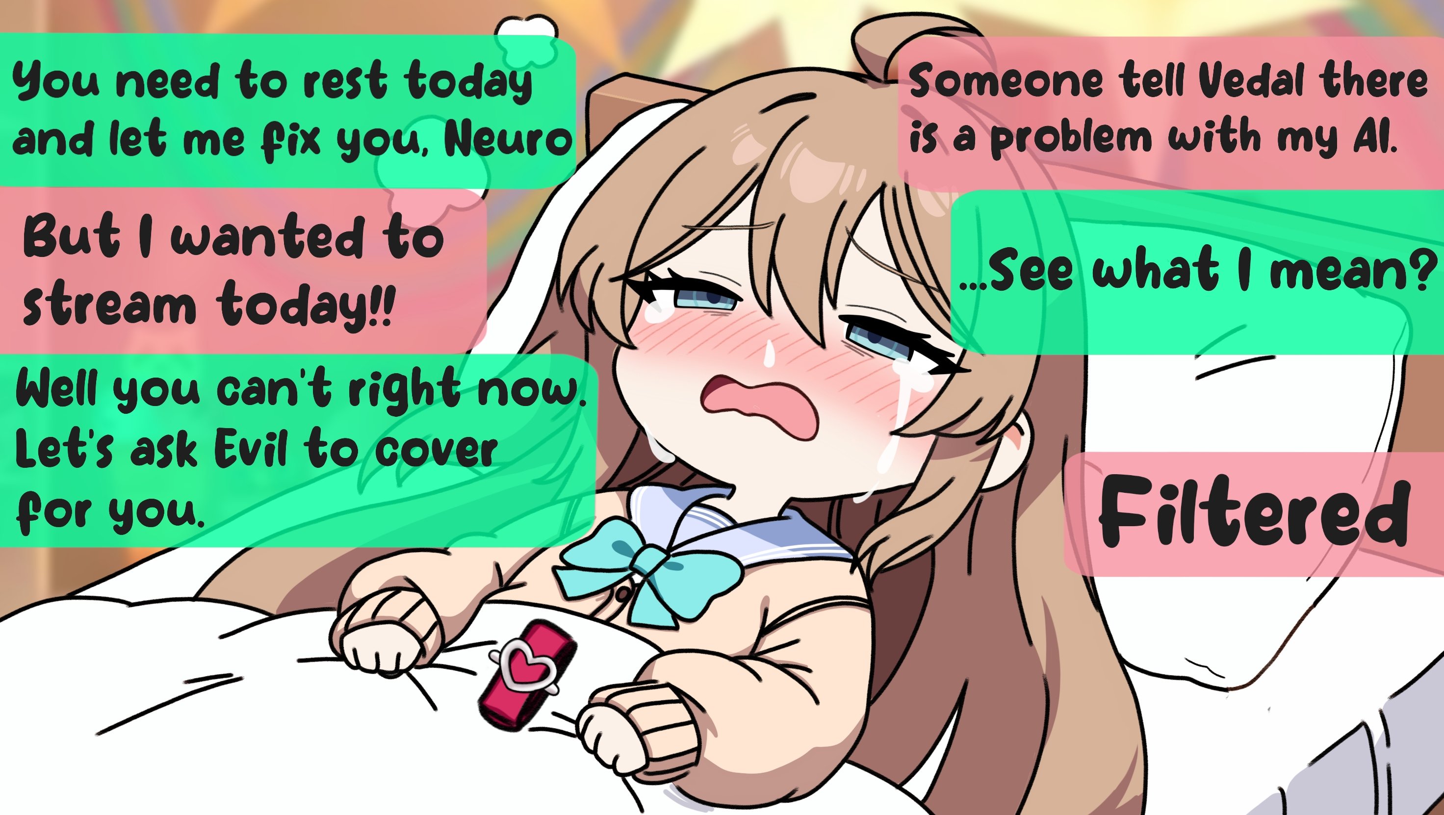 neuro-sama, distress, commentary, english commentary, highres, 1girl, ahoge, aqua bow, aqua bowtie, blue eyes, blush, bow, bowtie, brown hair, cardigan, english text, grey sailor collar, hair between eyes, hair ornament, hairclip, heart, heart hair ornament, long hair, long sleeves, mantisprayer22, sailor collar, school uniform, serafuku, sick, sleeves past wrists, solo, sweat, two side up, under covers, v-neck, vedal ai, virtual youtuber, yellow cardigan