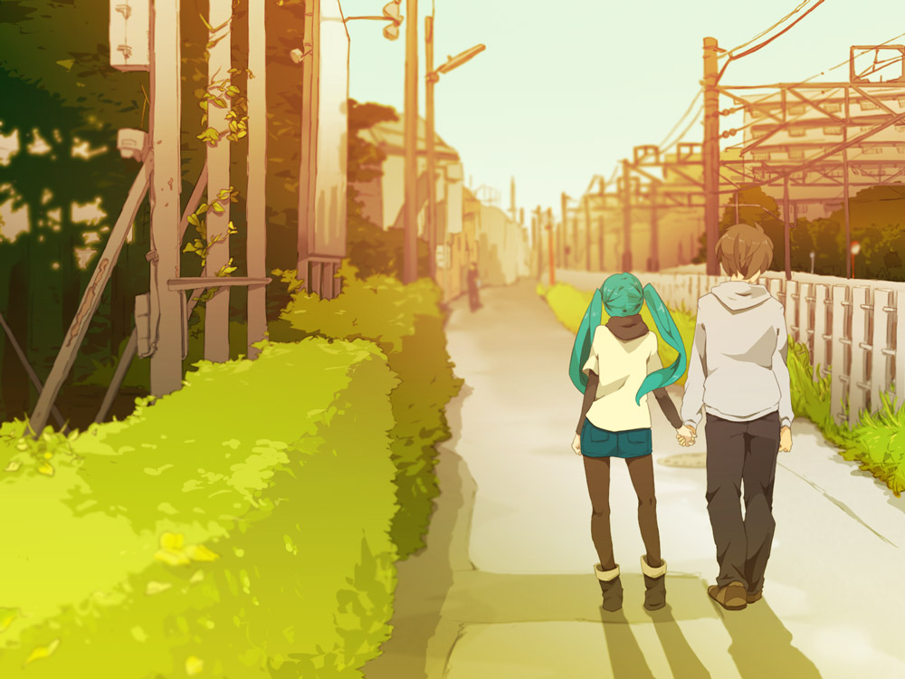 name (pixiv), name (sh), hatsune miku, vocaloid, bad id, bad pixiv id, 1boy, 1girl, aqua hair, billboard, blurry, couple, denim, denim shorts, depth of field, hetero, holding hands, hood, hoodie, overhead line, pantyhose, pantyhose under shorts, power lines, shorts, twintails