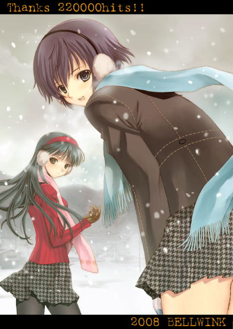 seiru (prairie), amagi yukiko, shirogane naoto, atlus, persona, persona 4, black legwear, 2girls, black hair, blue eyes, blue hair, earmuffs, gloves, houndstooth, jacket, long hair, looking at viewer, milestone celebration, multiple girls, pantyhose, scarf, school uniform, short hair, skirt, snow, winter clothes