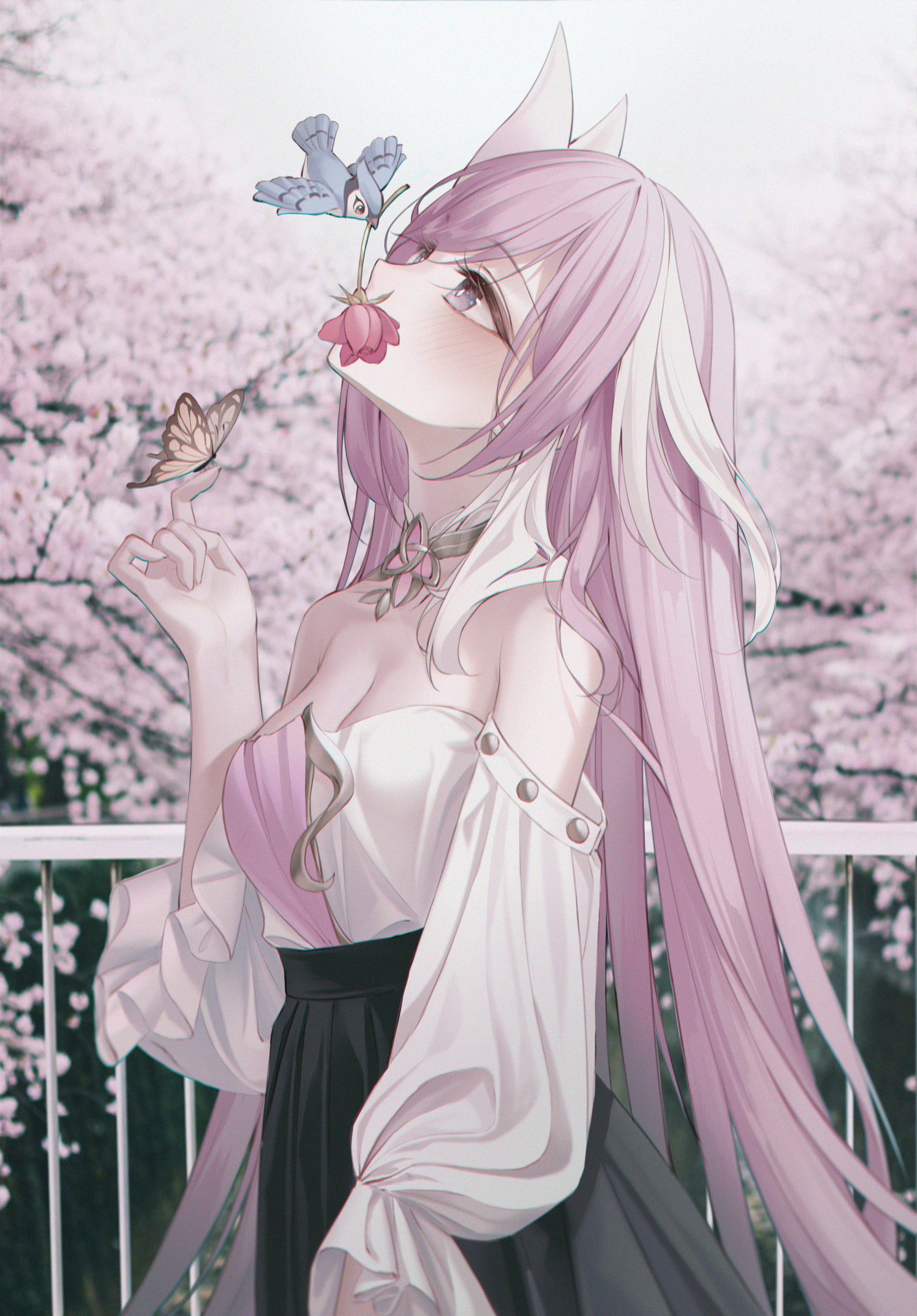 amaroku neko, elysia (herrscher of human: ego) (honkai impact), elysia (honkai impact), honkai (series), honkai impact 3rd, absurdres, highres, 1girl, alternate costume, bird, black skirt, breasts, bug, butterfly, cherry blossoms, covering own mouth, detached sleeves, gold trim, insect, insect on finger, long hair, medium breasts, multicolored hair, outdoors, pink hair, purple eyes, skirt, sleeves past wrists, strapless, streaked hair, very long hair