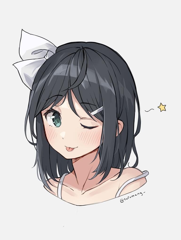 tofumang, kurumi (zero0ex), original, commentary, english commentary, 1girl, ;p, artist name, bare shoulders, black hair, blush, borrowed character, closed mouth, collarbone, cropped shoulders, green eyes, hair ornament, hair ribbon, hairclip, hatching (texture), head tilt, linear hatching, looking at viewer, looking to the side, medium hair, one eye closed, parted bangs, portrait, raised eyebrow, ribbon, sideways glance, simple background, solo, star (symbol), strap slip, tongue, tongue out, twitter username, white background, white ribbon